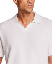 Open Collar Polo Sweater in Bleached White worn by a model showing collared neckline and lightweight design.