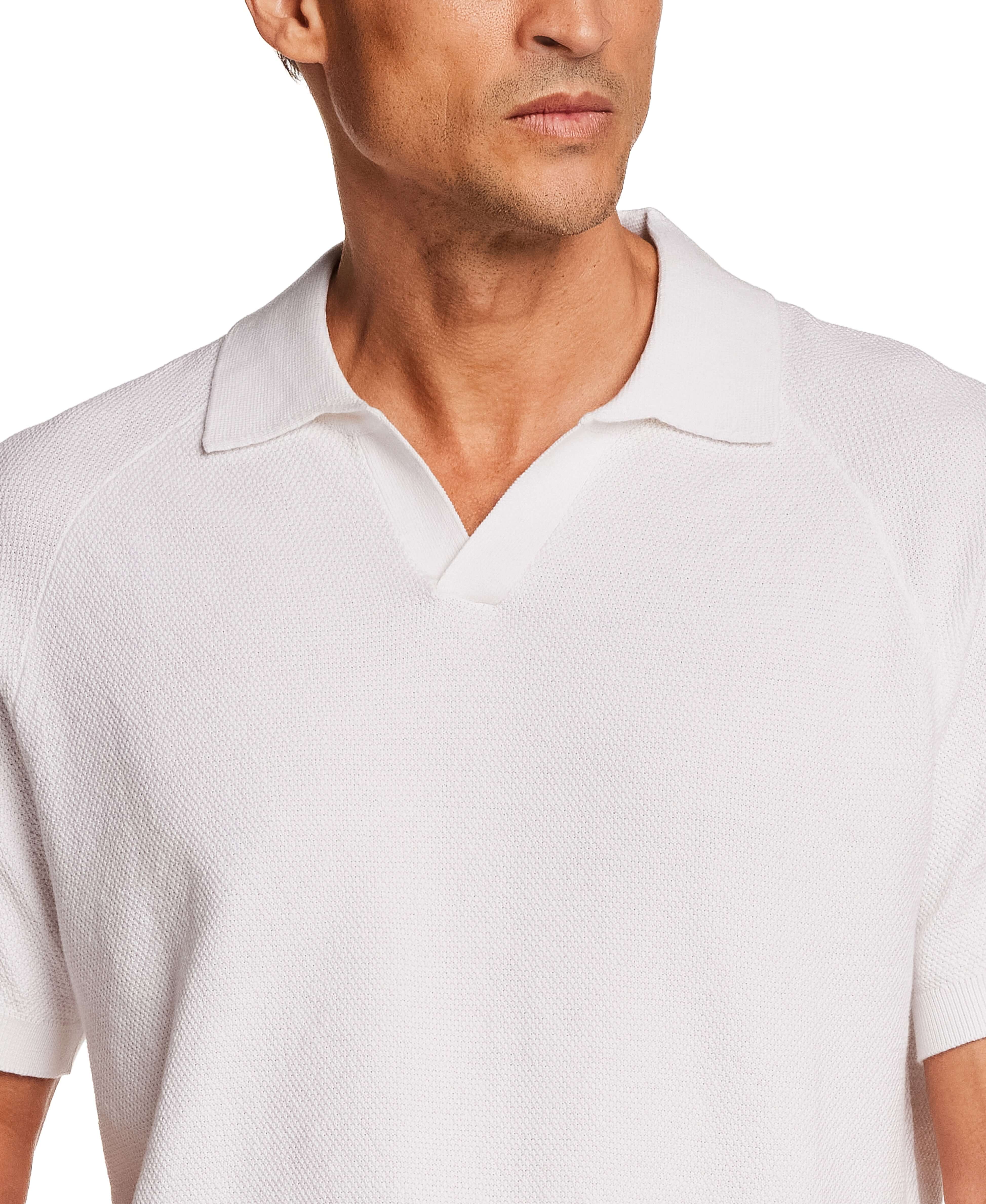 Open Collar Polo Sweater in Bleached White worn by a model showing collared neckline and lightweight design.