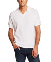 Open Collar Polo Sweater in Bleached White, showcasing a man wearing it with confidence and comfort.