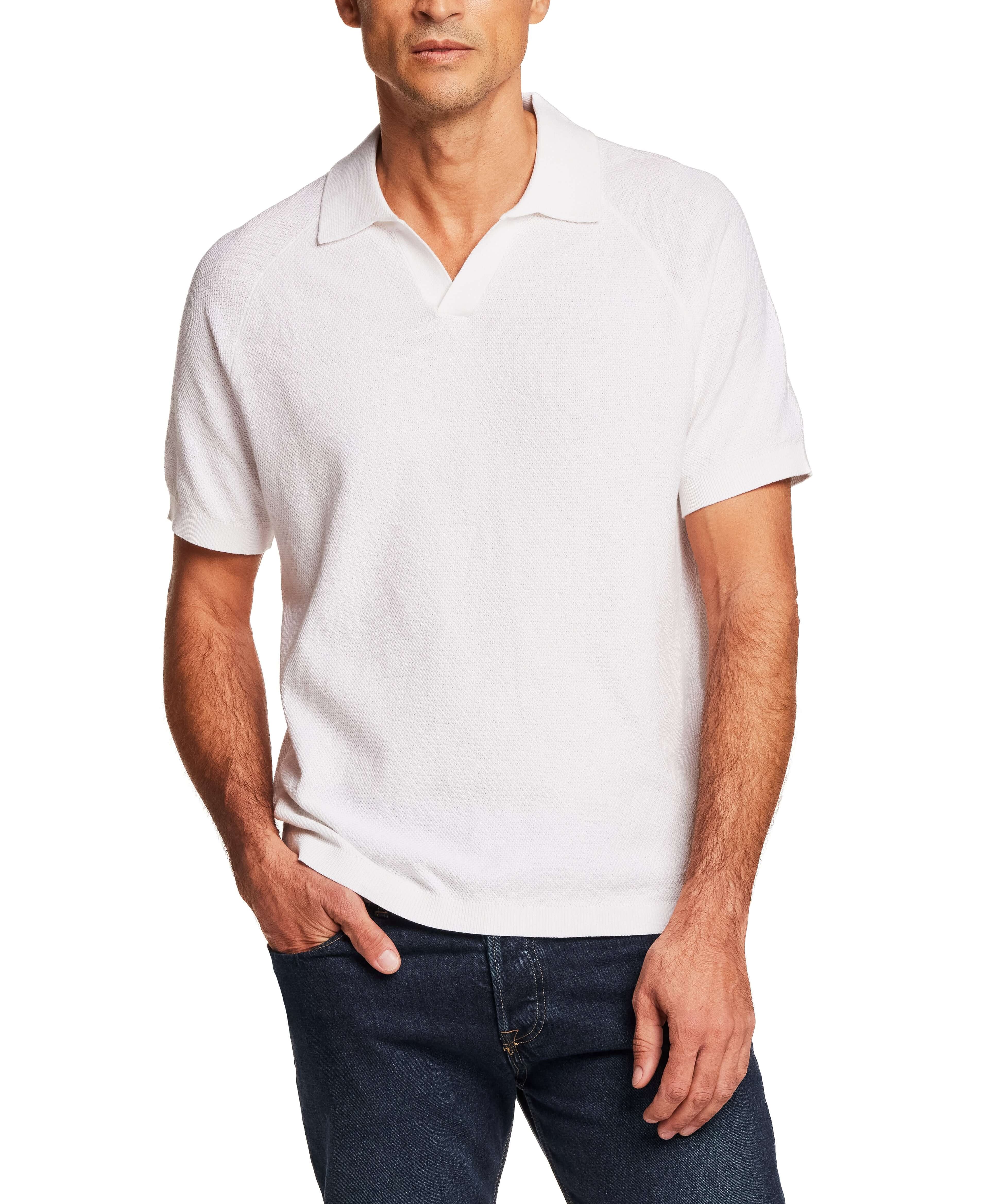 Open Collar Polo Sweater in Bleached White, showcasing a man wearing it with confidence and comfort.