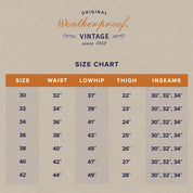 Size chart for Weatherproof Vintage clothing, detailing waist, lowhip, thigh, and inseam measurements.