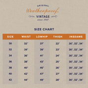 Size chart for Weatherproof Vintage jeans, displaying measurements for waist, low hip, thigh, and inseams.