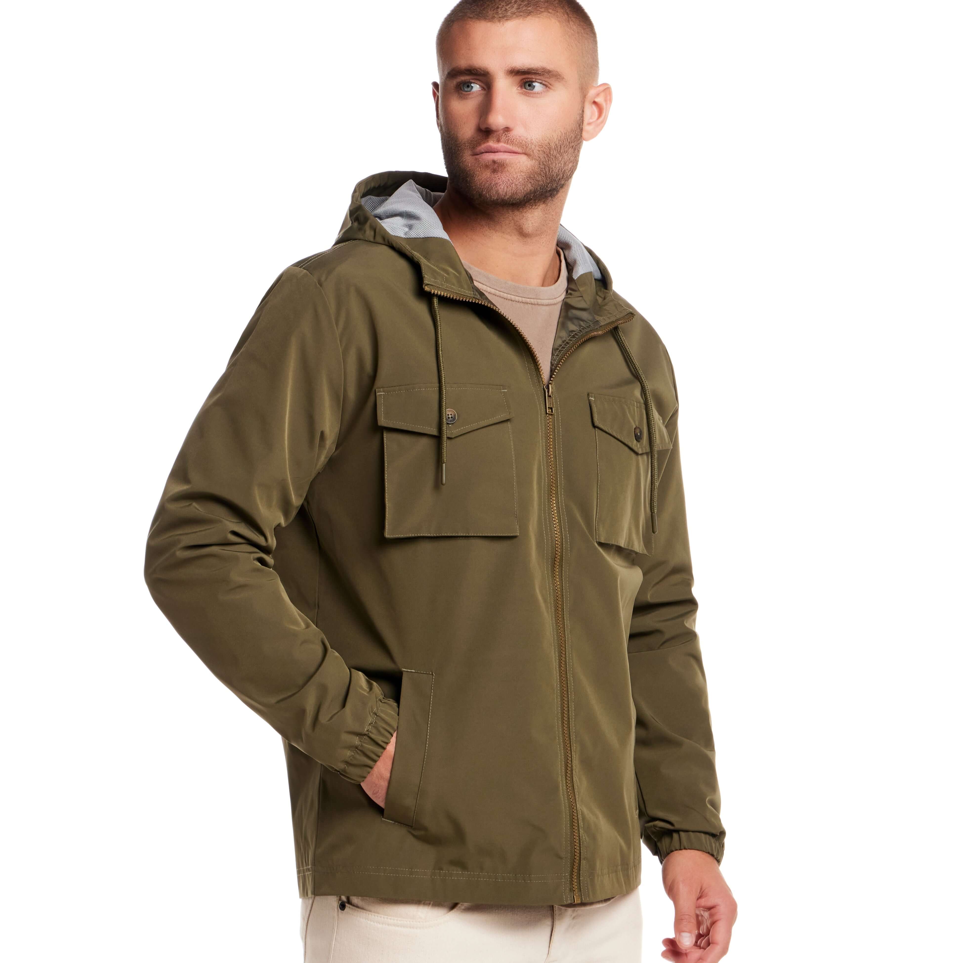 Poly Memory Safari Jacket with Hood in Winter Moss, featuring wind-proof, water-resistant fabric and classic fit.