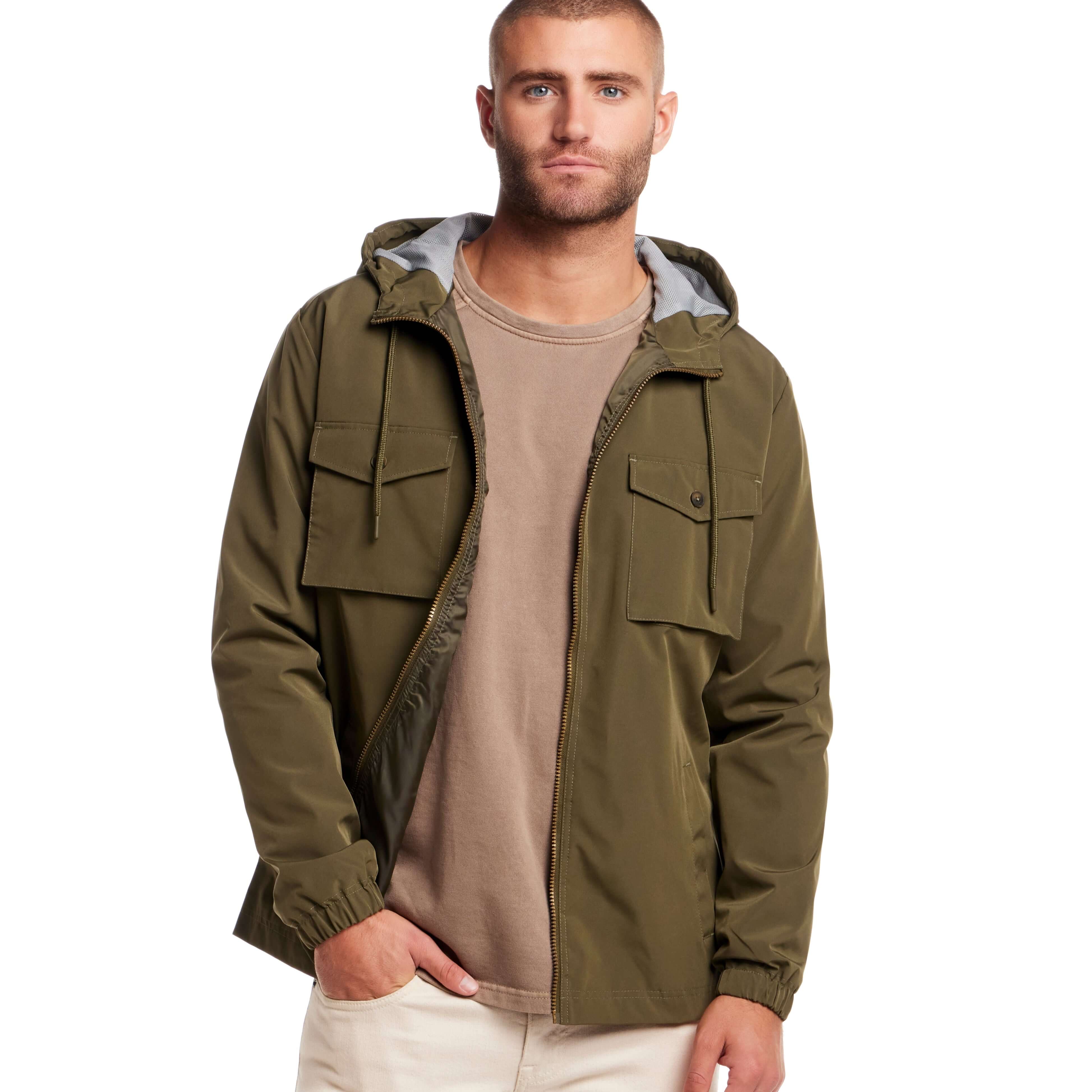 Poly Memory Safari Jacket in Winter Moss, featuring hood, zip front, and buttoned chest pockets, ideal for outdoor protection.