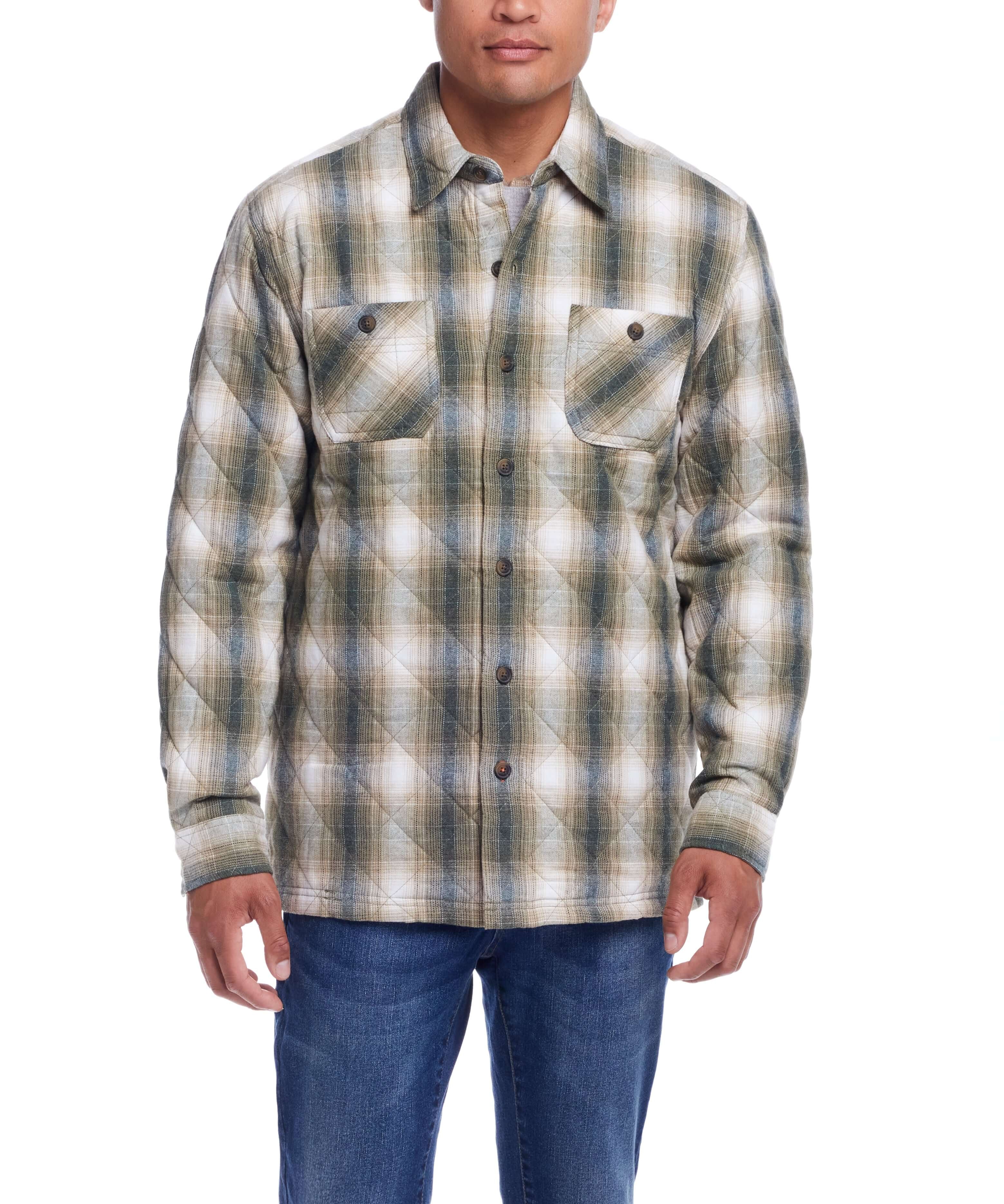 Men's quilted plaid shirt jacket in Kelp Forest color, featuring buttoned chest pockets and perfect for winter layering.