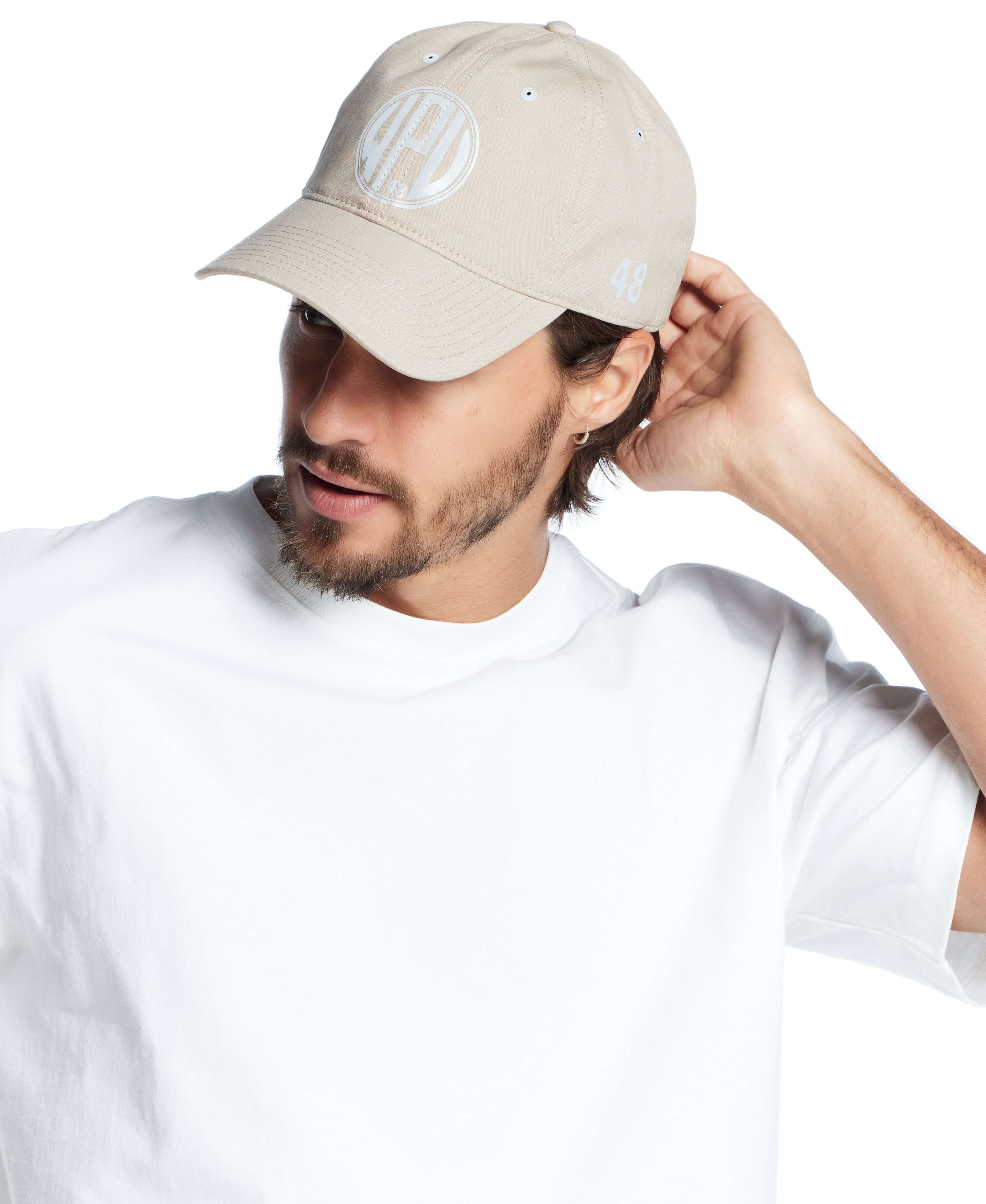 Adjustable khaki reflective graphic hat, one size fits all, perfect for casual wear and outdoor activities.