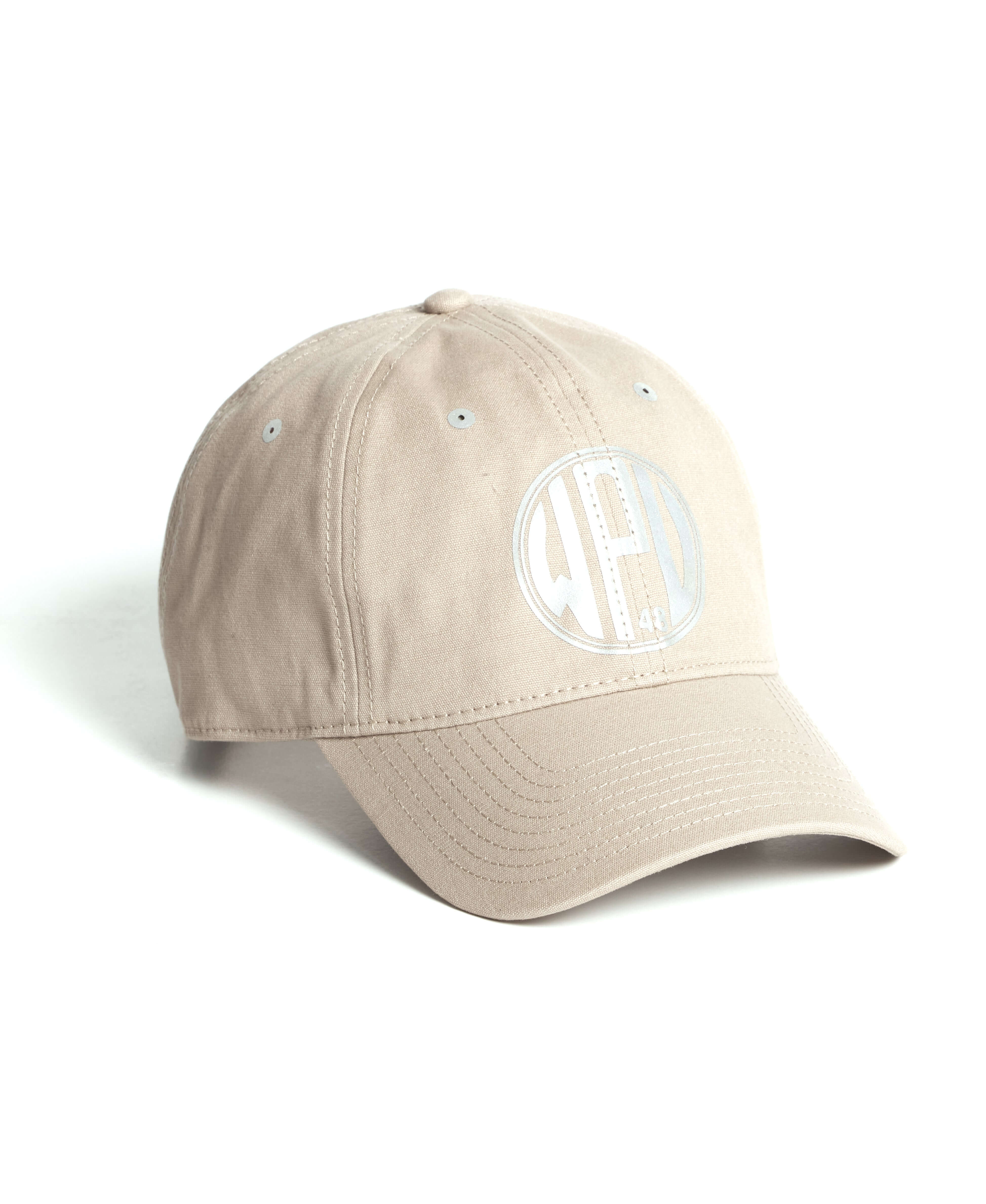Reflective graphic hat in khaki, adjustable, one size fits all, perfect for style and comfort.