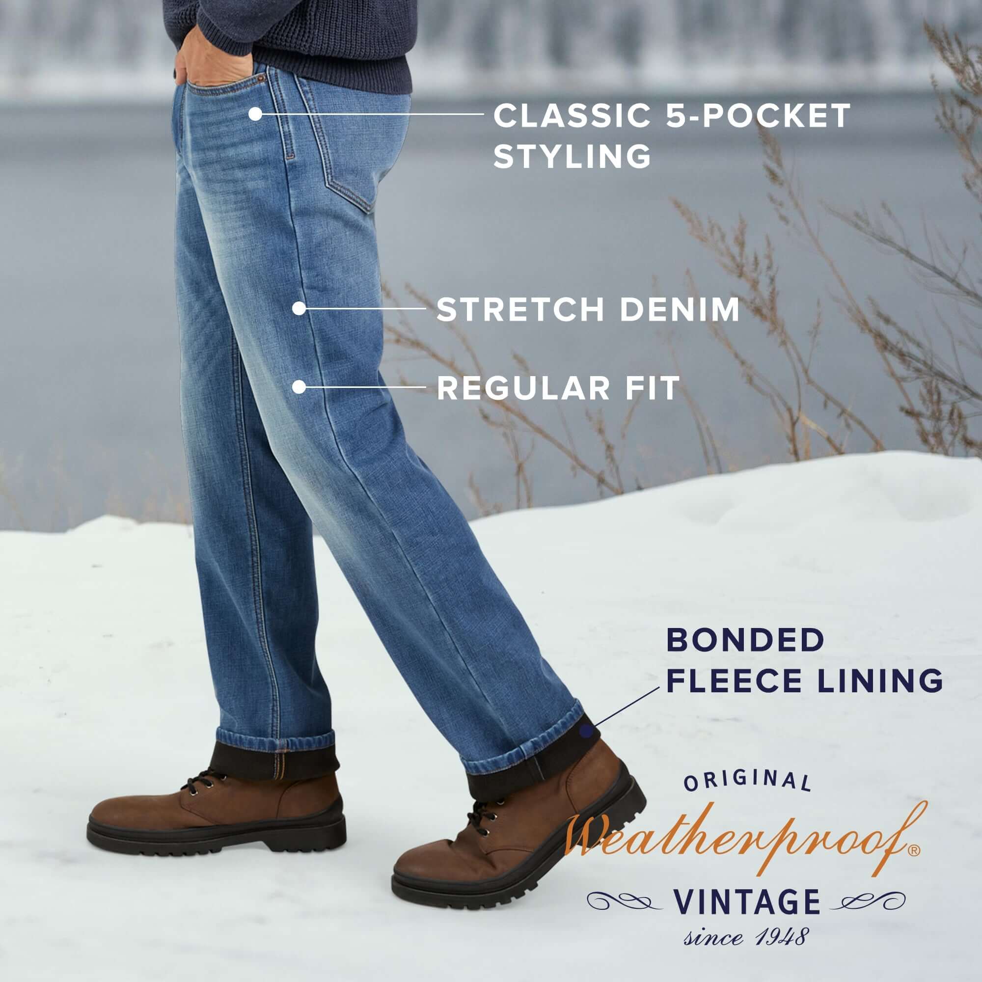 Regular fit fleece lined jeans with classic 5-pocket styling, stretch denim, and bonded fleece lining, perfect for cold weather.
