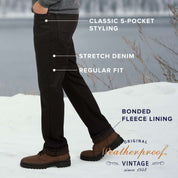 Regular fit fleece lined jeans in jet black, featuring classic 5-pocket styling and stretch denim for comfort.