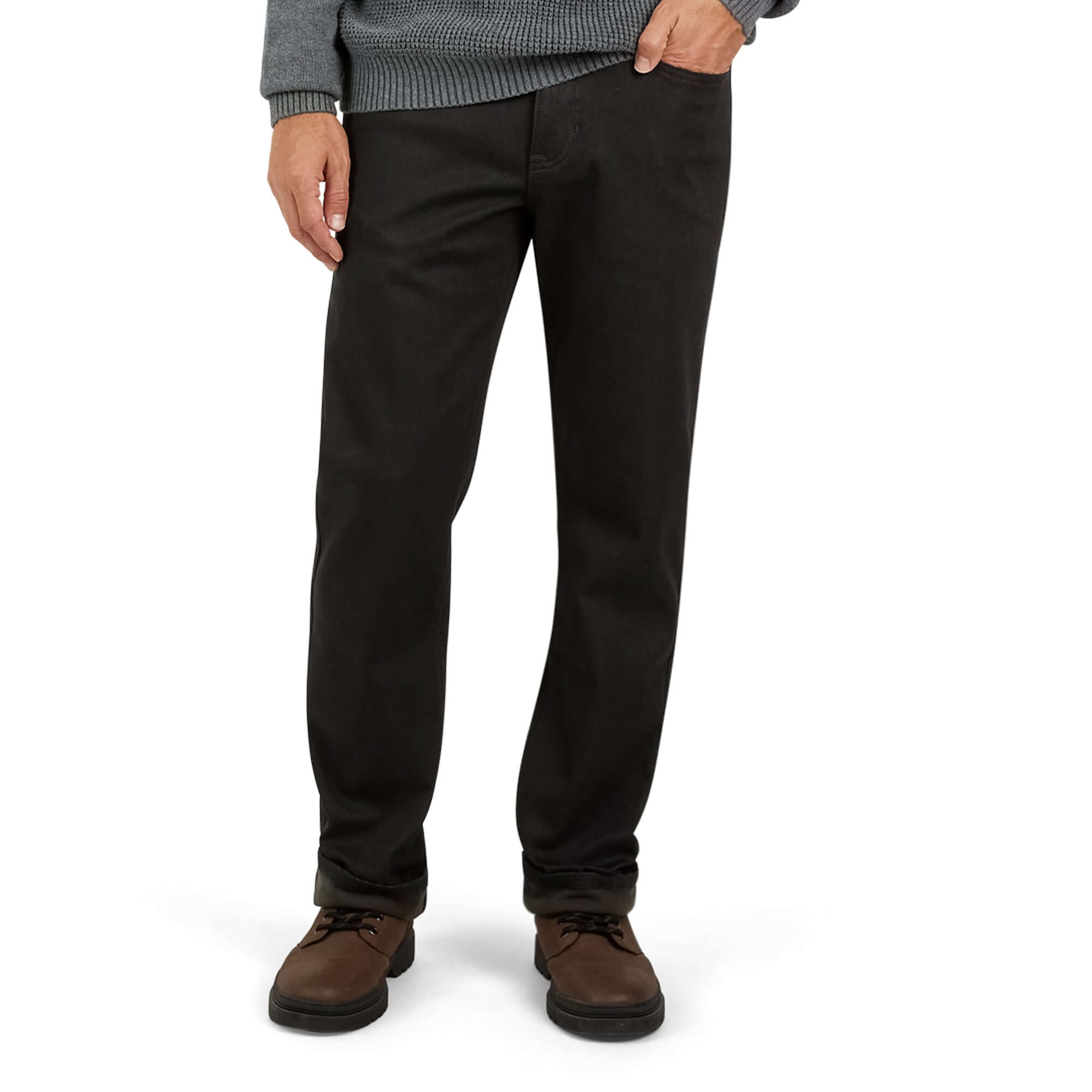 Regular fit fleece lined jeans in jet black, offering comfort and warmth for fall and winter, styled with a classic cut.