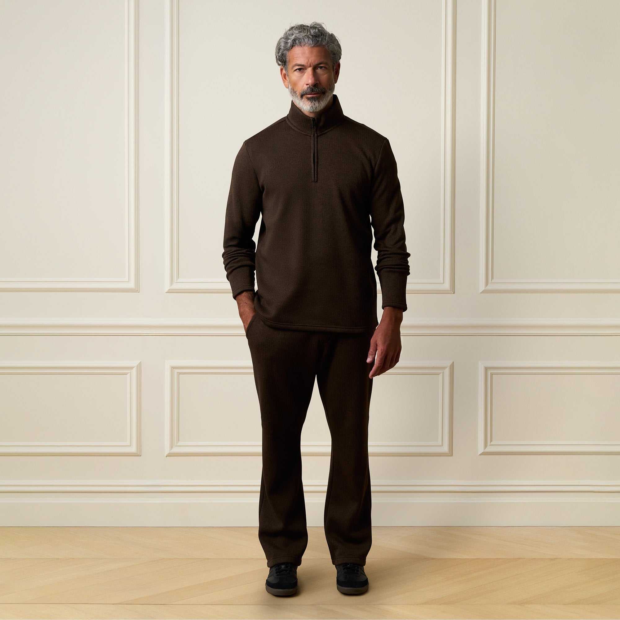 Ribbed Drawstring Pant in Brown paired with matching top, showcasing a relaxed look with comfortable fit.