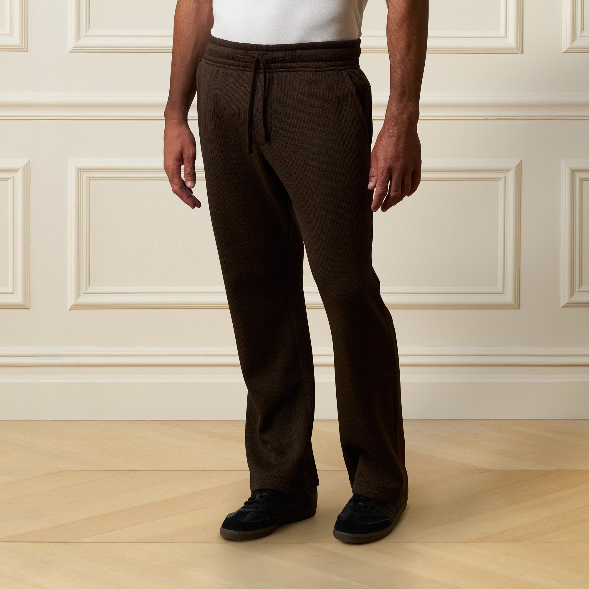 Ribbed Drawstring Pant in Brown on a male model, featuring a comfortable drawstring waistband and a relaxed fit.