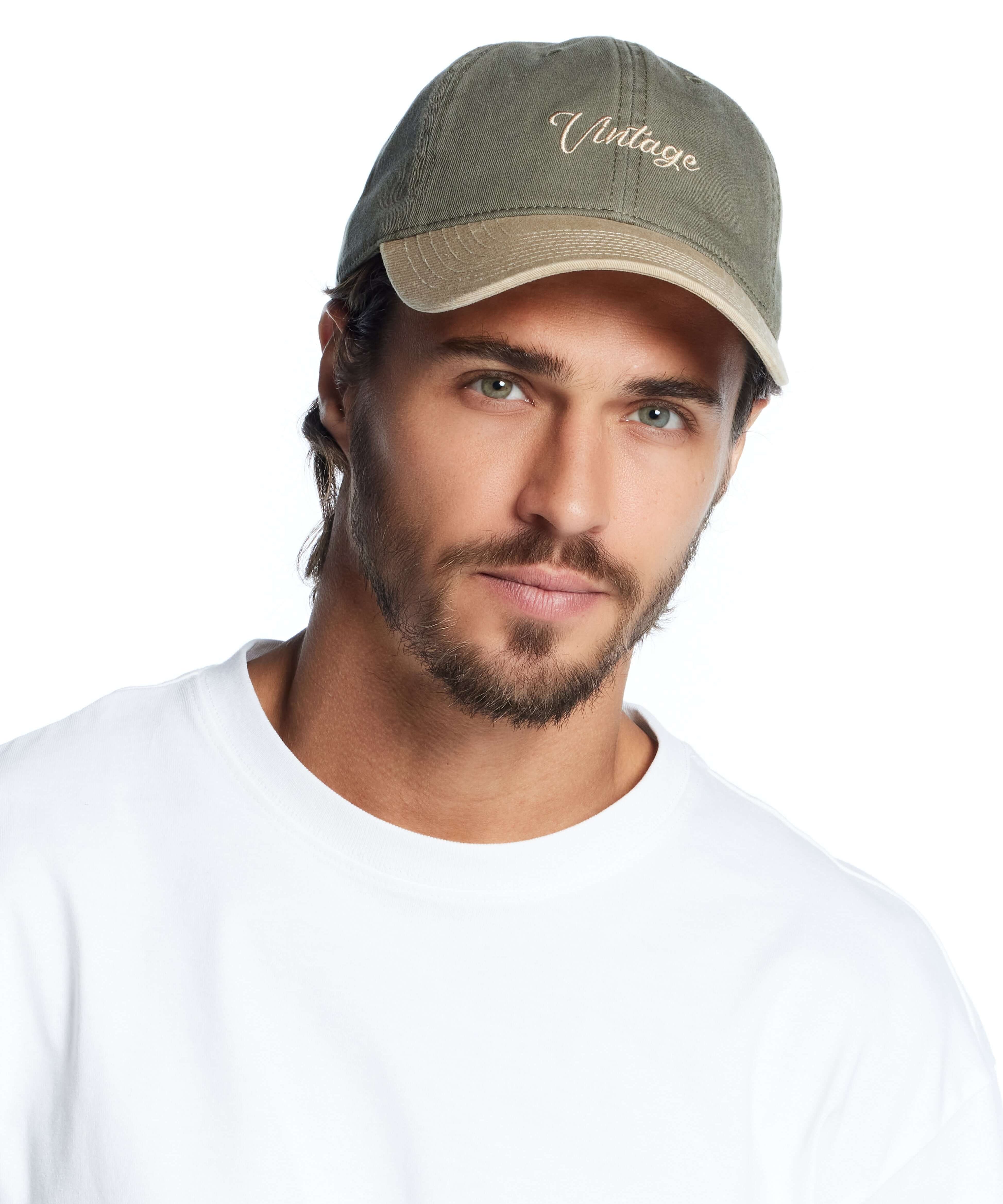Script Vintage Hat in Olive, adjustable fit, stylish and versatile accessory for casual outfits.