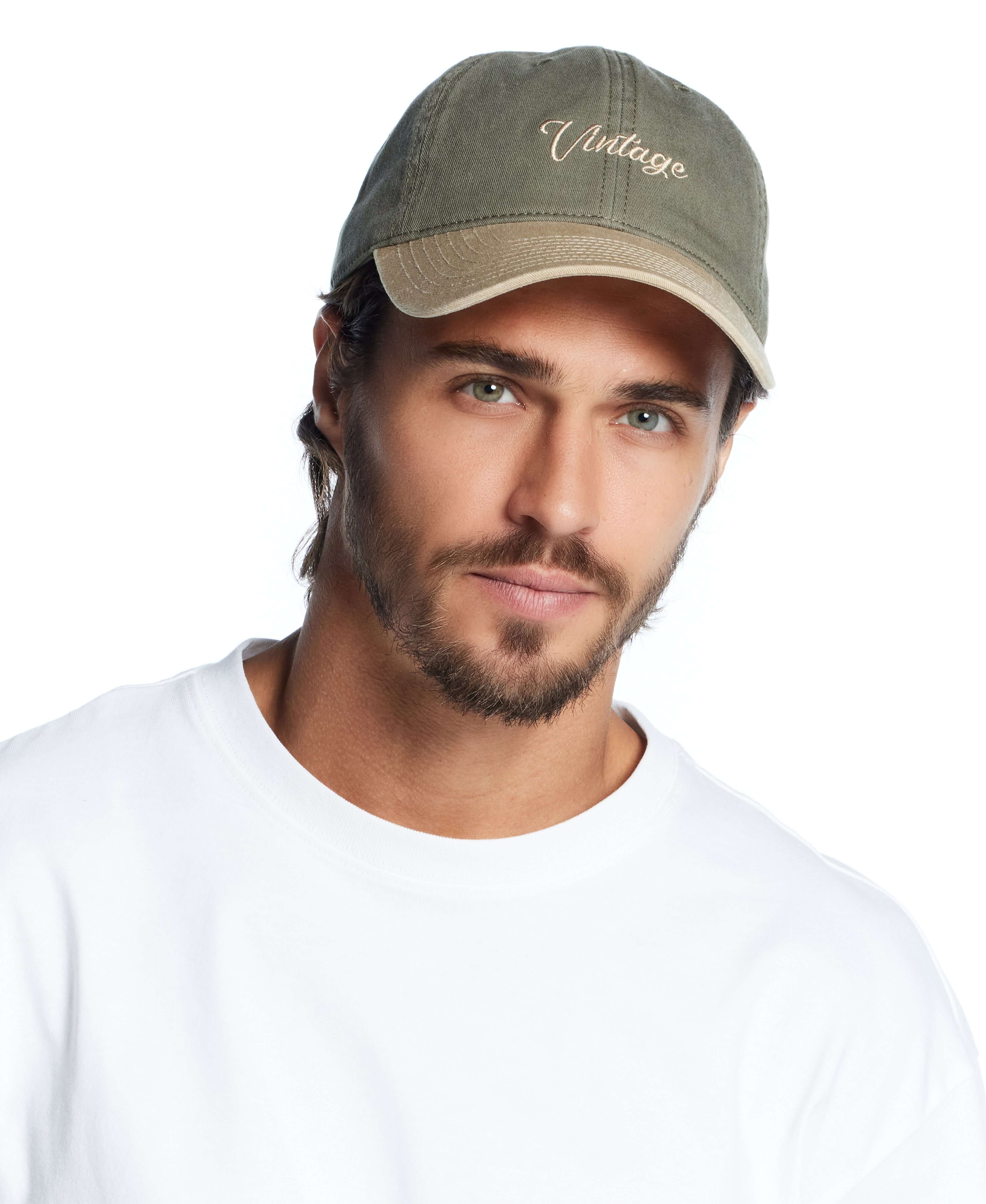 Script Vintage Hat in Olive, adjustable fit, stylish and versatile accessory for casual outfits.