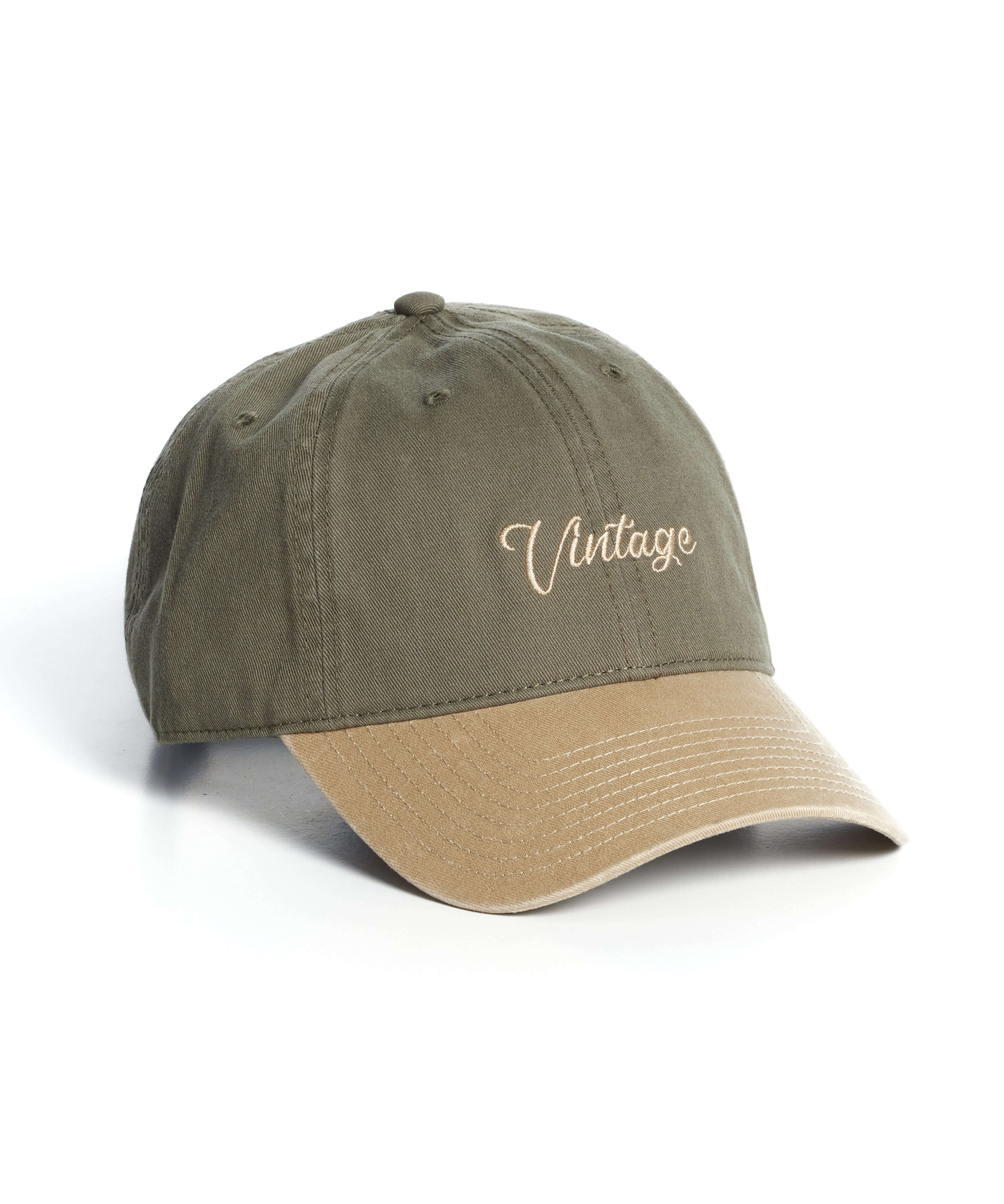 Script Vintage Hat in Olive, adjustable one size fits all, perfect for fashion-forward outdoor style.