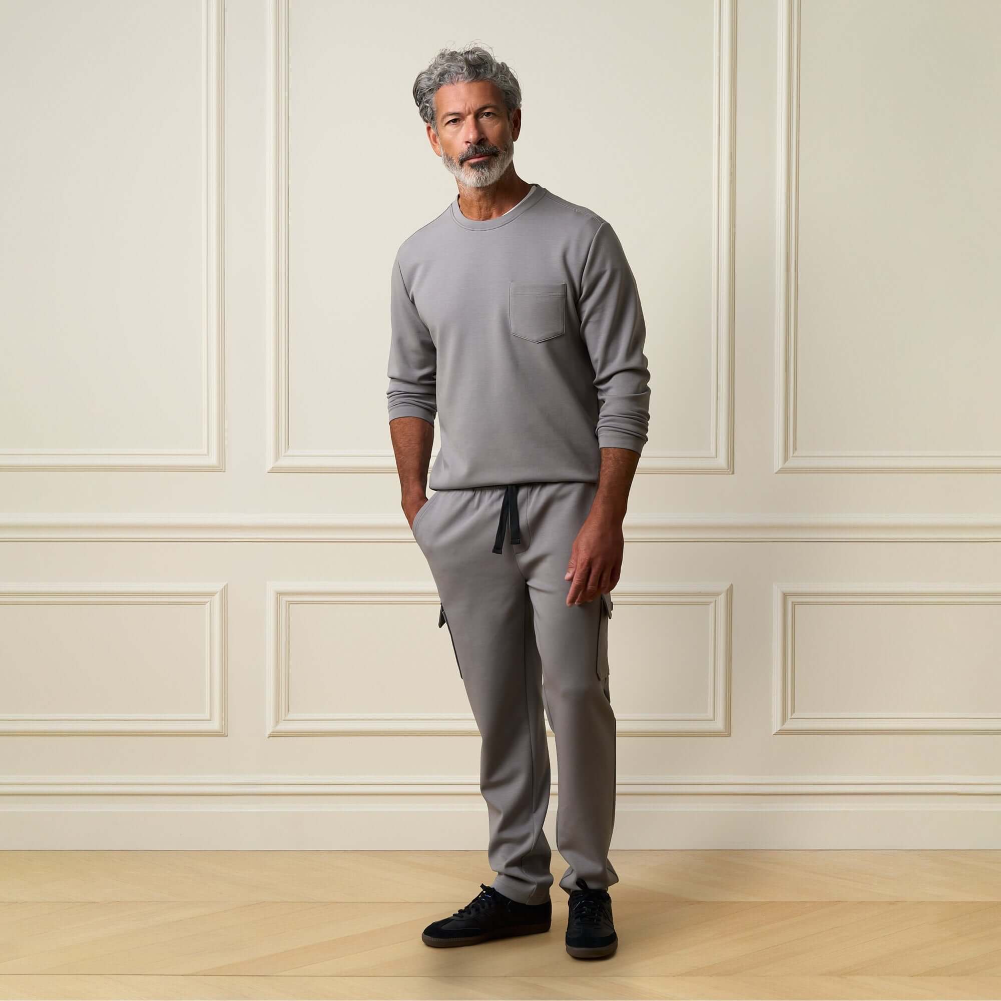 Scuba Crew Neck in Grey model wearing coordinated outfit with joggers, showcasing modern style and comfort.