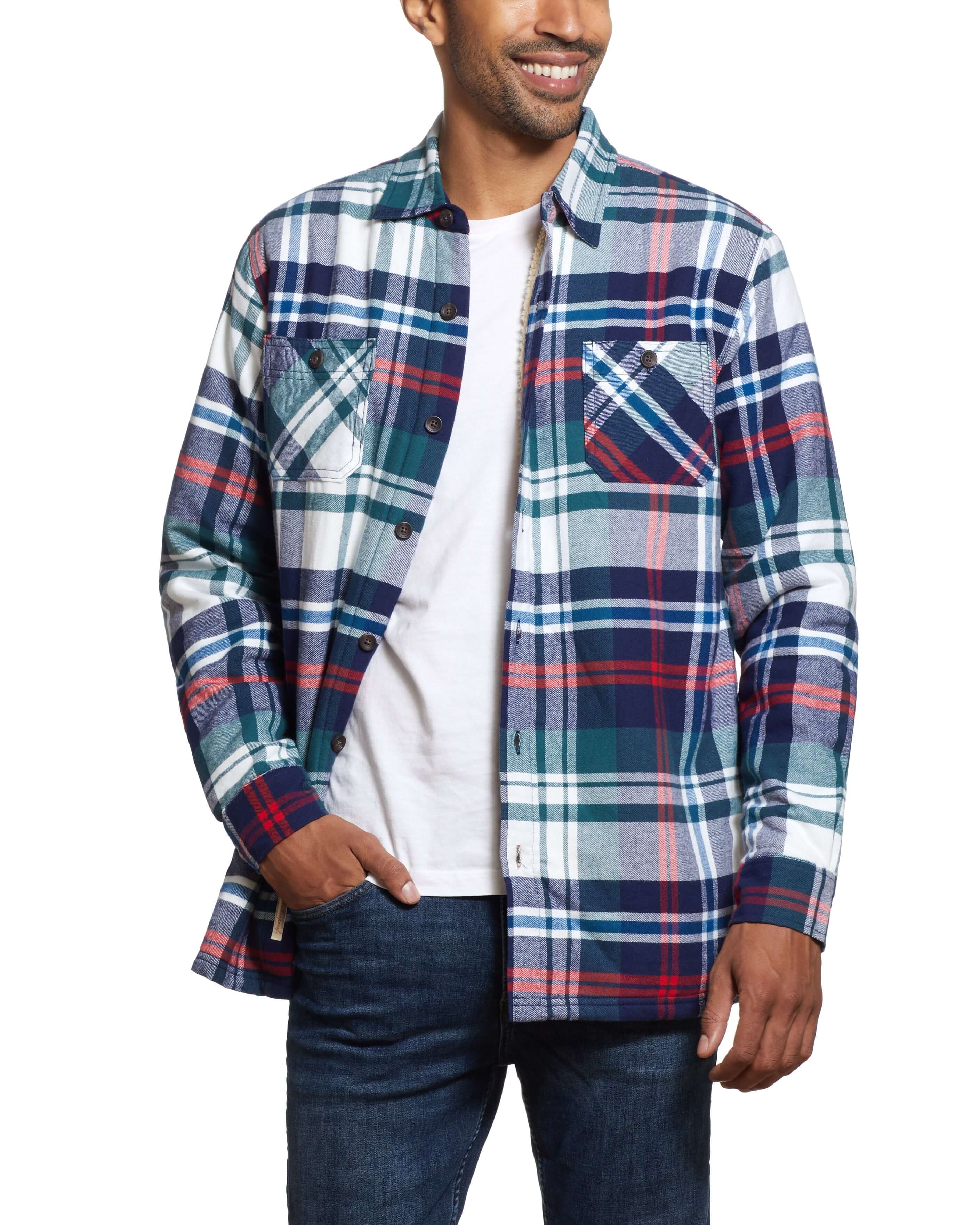 Sherpa Lined Flannel Shirt Jacket In Deep Cobalt