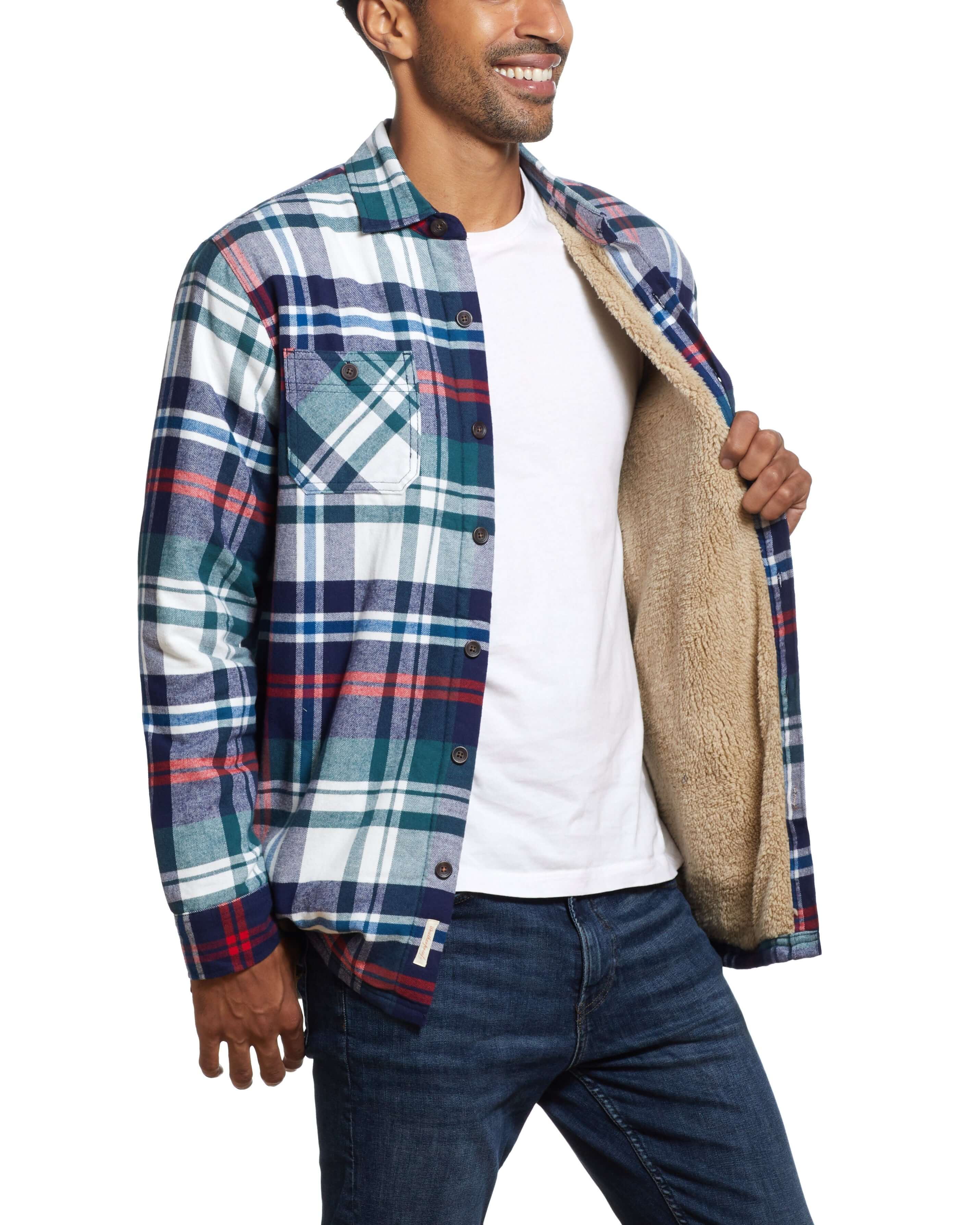 Sherpa Lined Flannel Shirt Jacket In Deep Cobalt