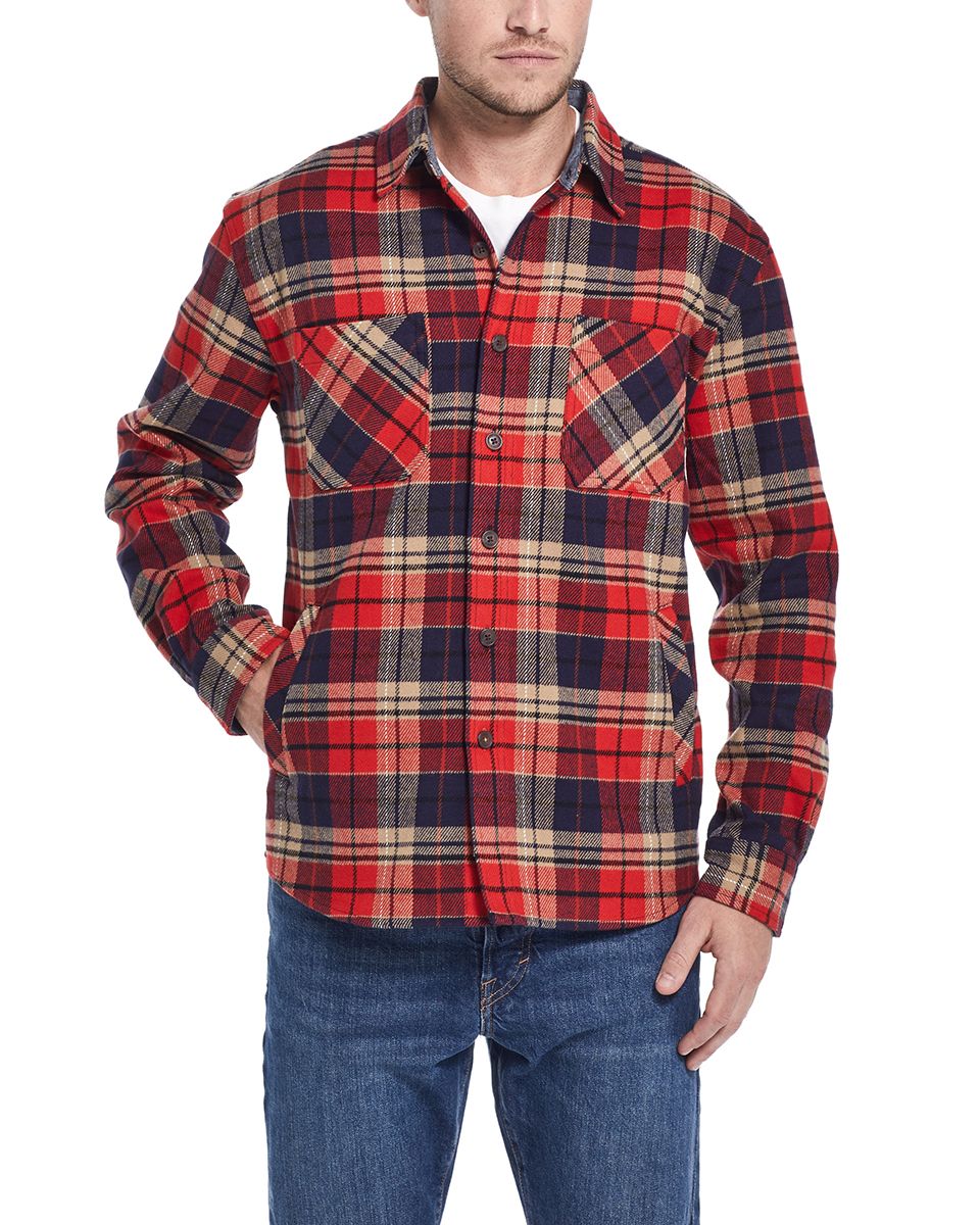 Stylish man wearing a red and navy plaid flannel shirt jacket with chest pockets, perfect for casual outfits.