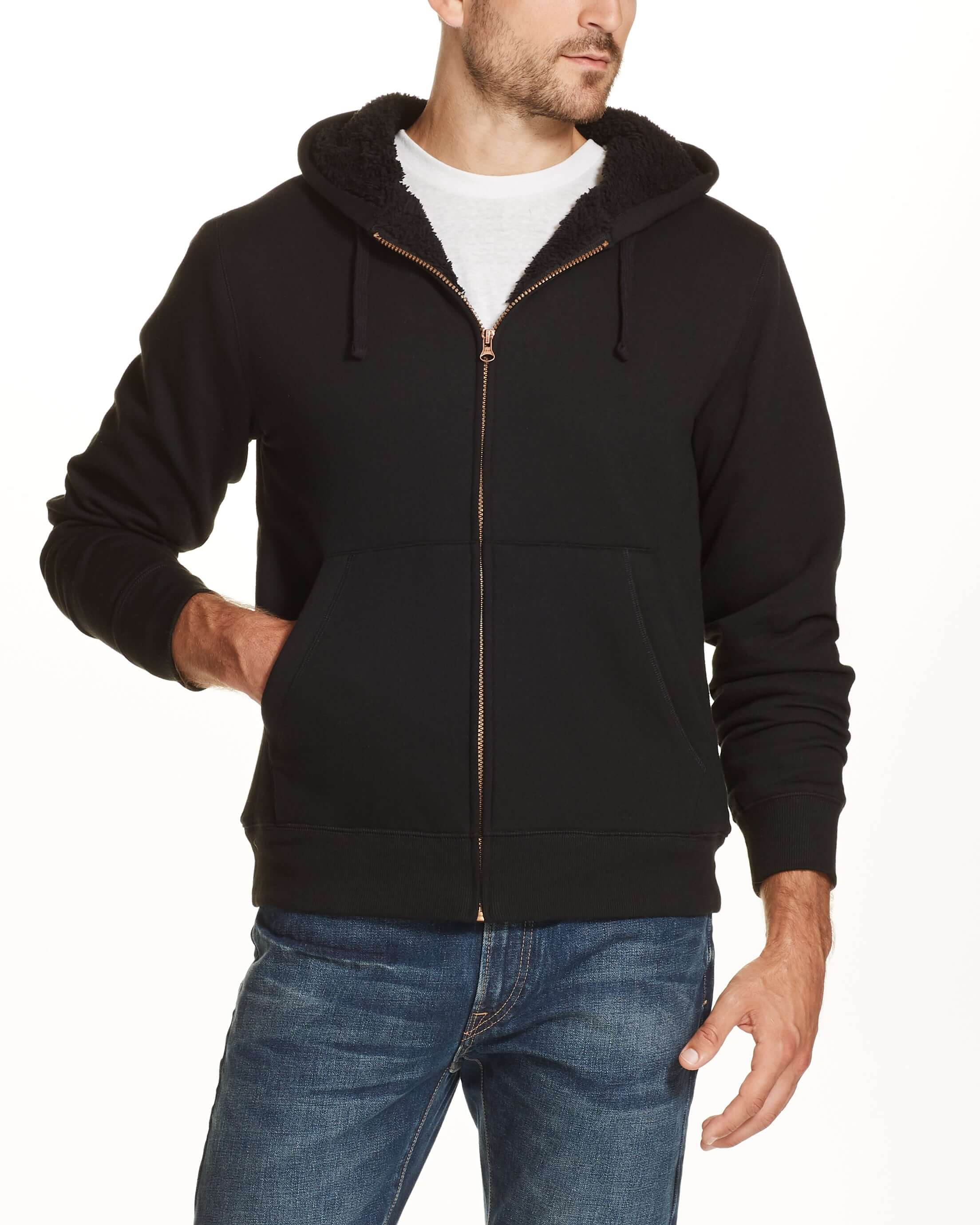 SHERPA LINED FLEECE HOODIE in BLACK