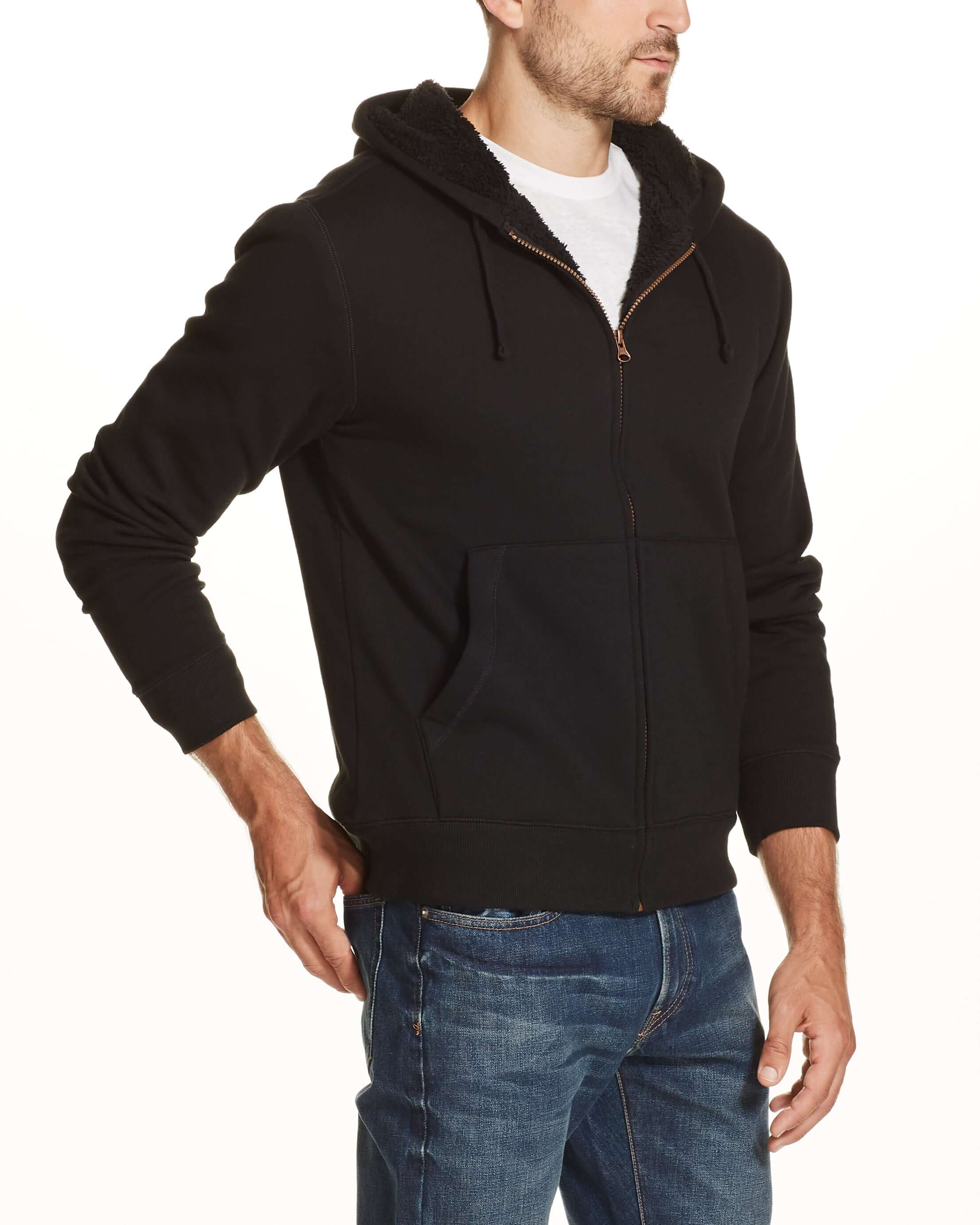 SHERPA LINED FLEECE HOODIE in BLACK