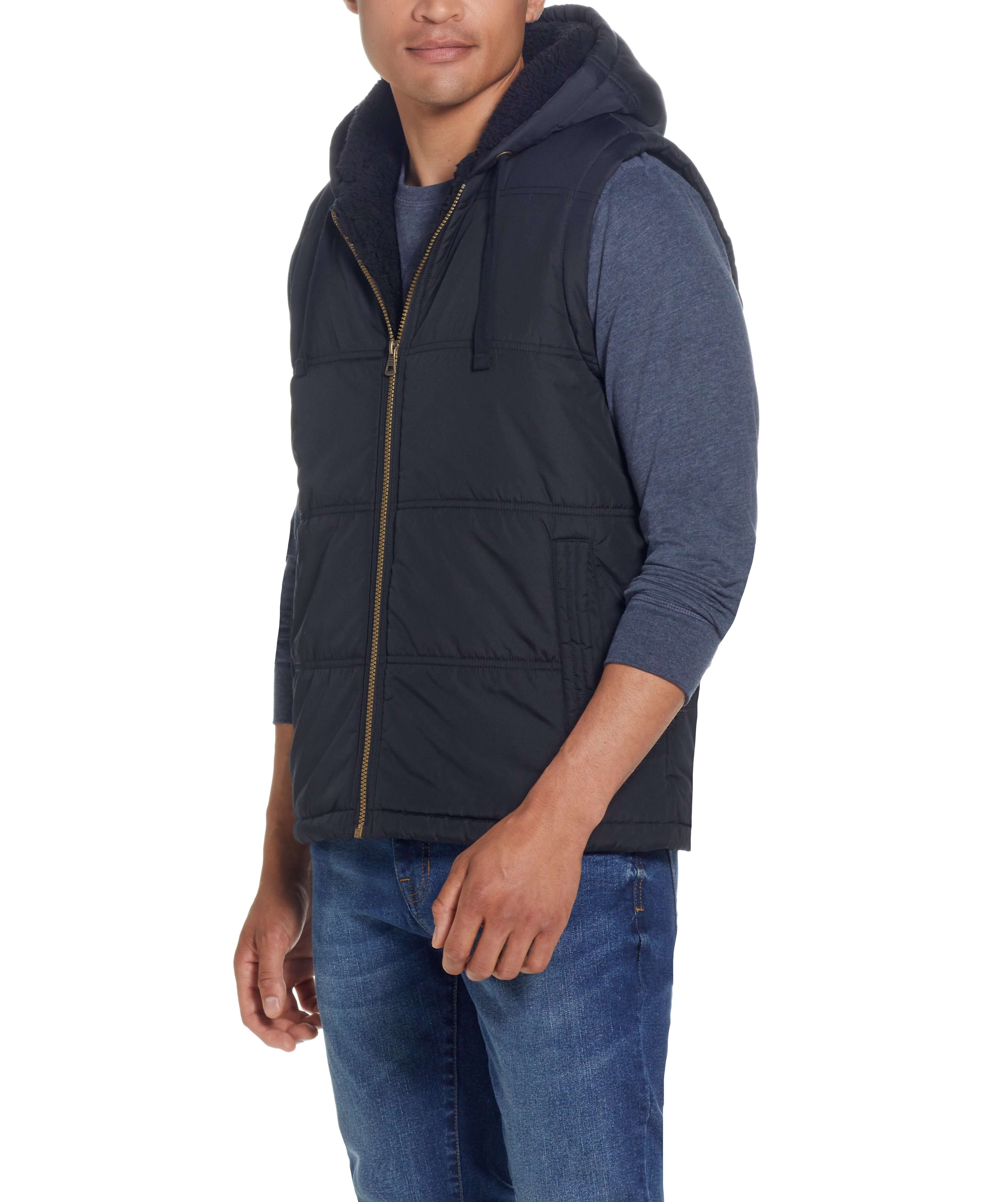 Men's black sherpa lined puffer vest with drawcord hood, perfect for stylish warmth and comfort.