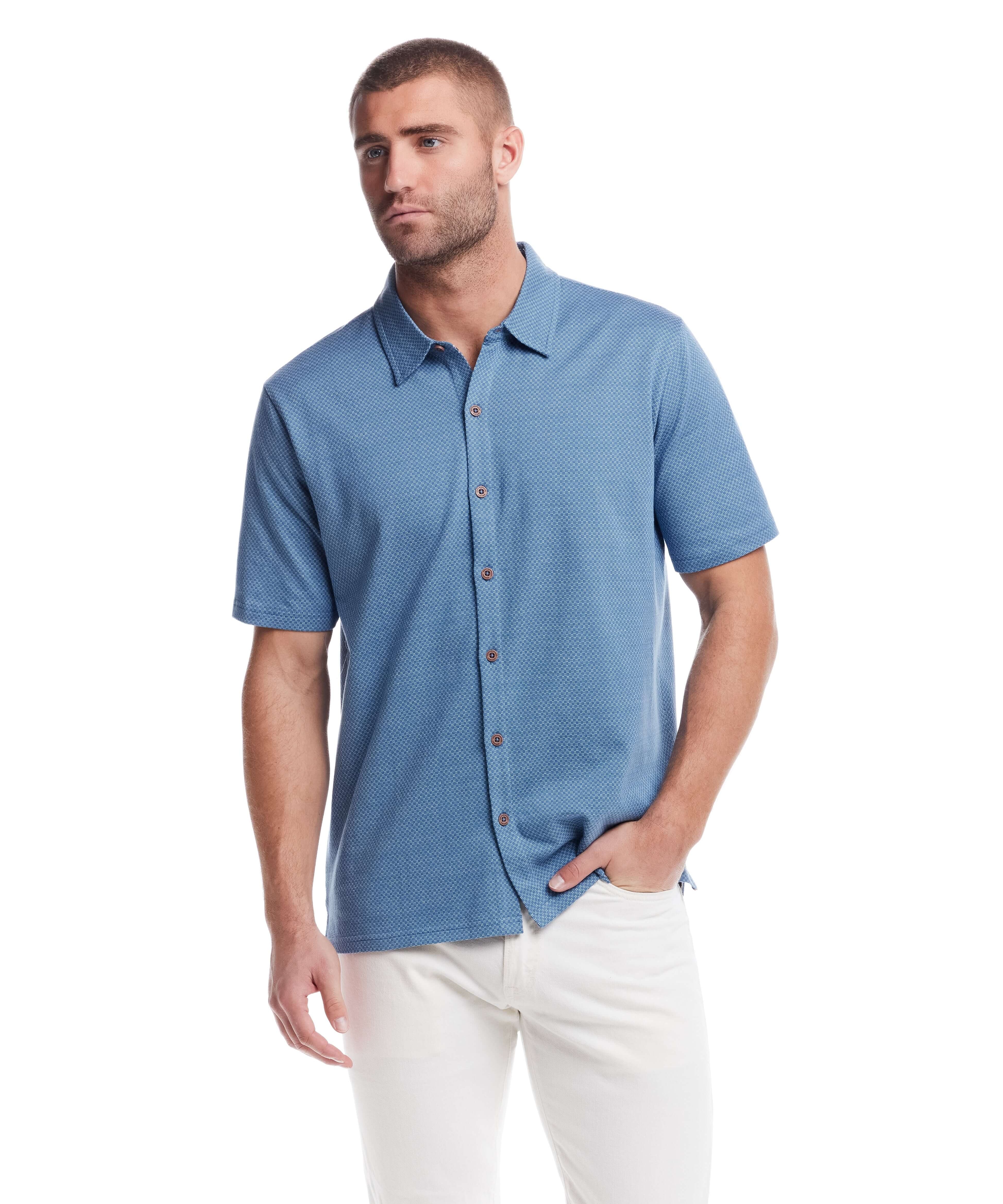 Model wearing blue short sleeve button front coat with mini jacquard pattern for a stylish casual look.