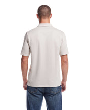 Back view of a man wearing a short sleeve button front coat in natural color, showcasing the minimalist design.