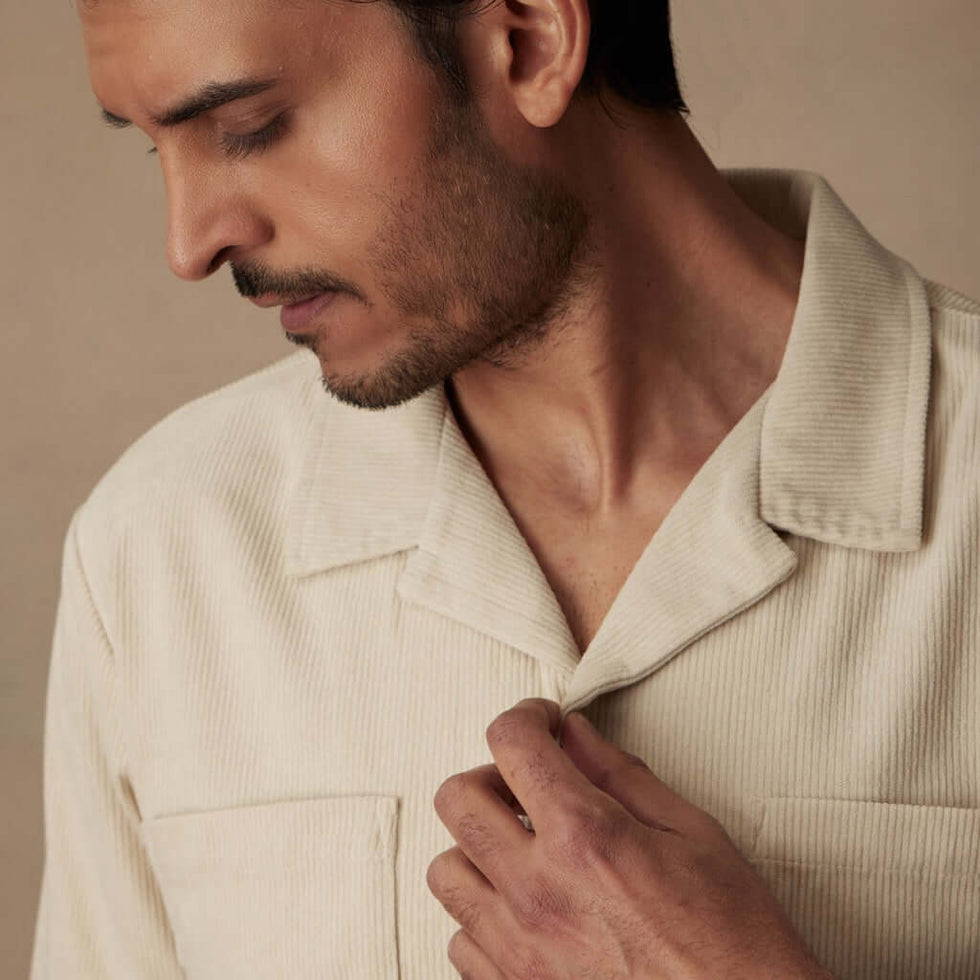 Short Sleeve Corduroy Cabana Shirt in Cream | Weatherproof Vintage Short Sleeve Corduroy Cabana Shirt in Cream | Weatherproof Vintage