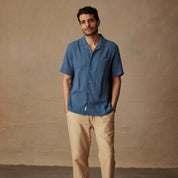 Short Sleeve Cotton Linen Airtex Shirt in Blue Ashes worn by a model against a neutral backdrop.