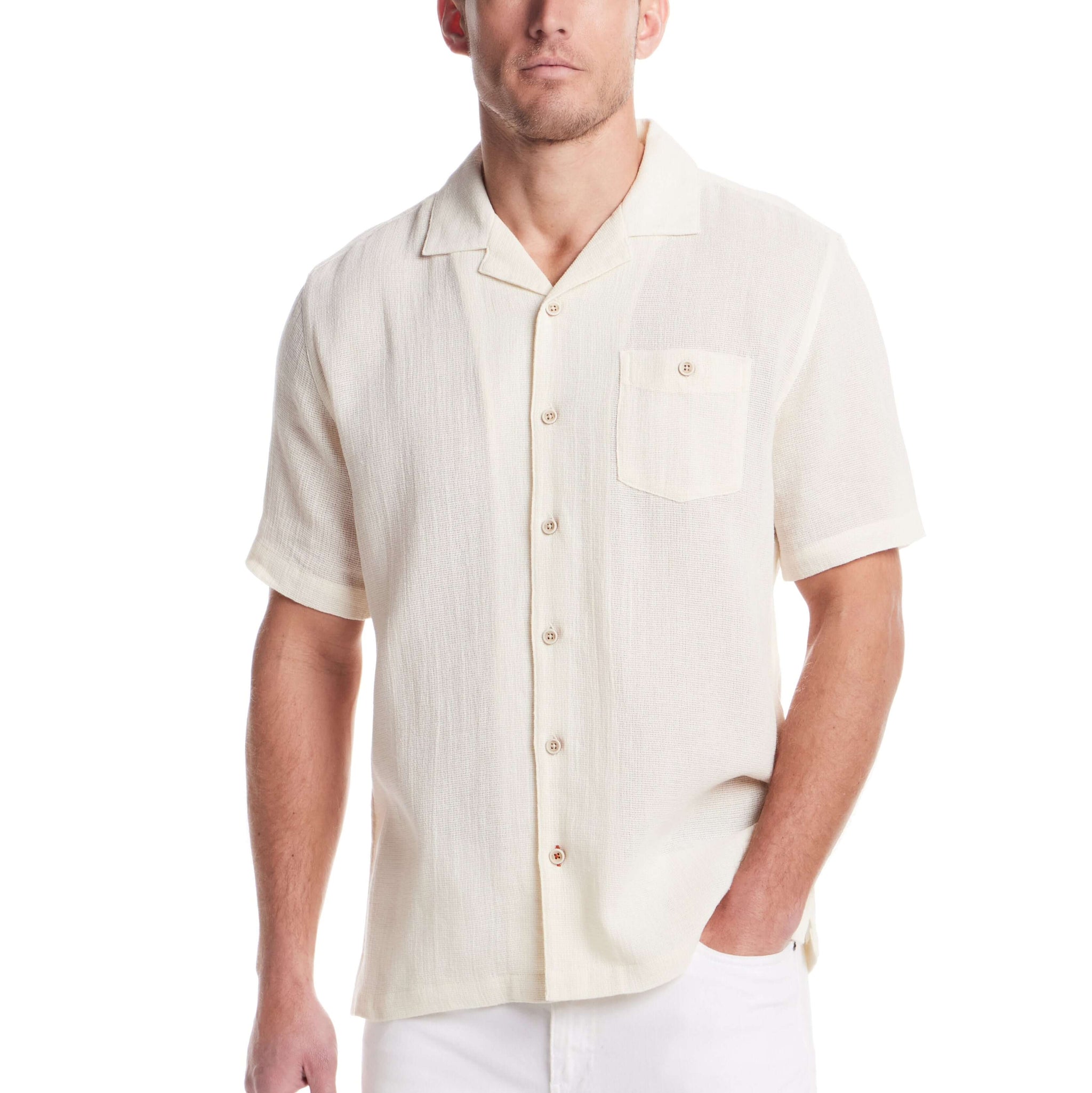 Short Sleeve Cotton Linen Airtex Shirt in Cream, Small / Cream Short Sleeve Cotton Linen Airtex Shirt in Cream, Small / Cream