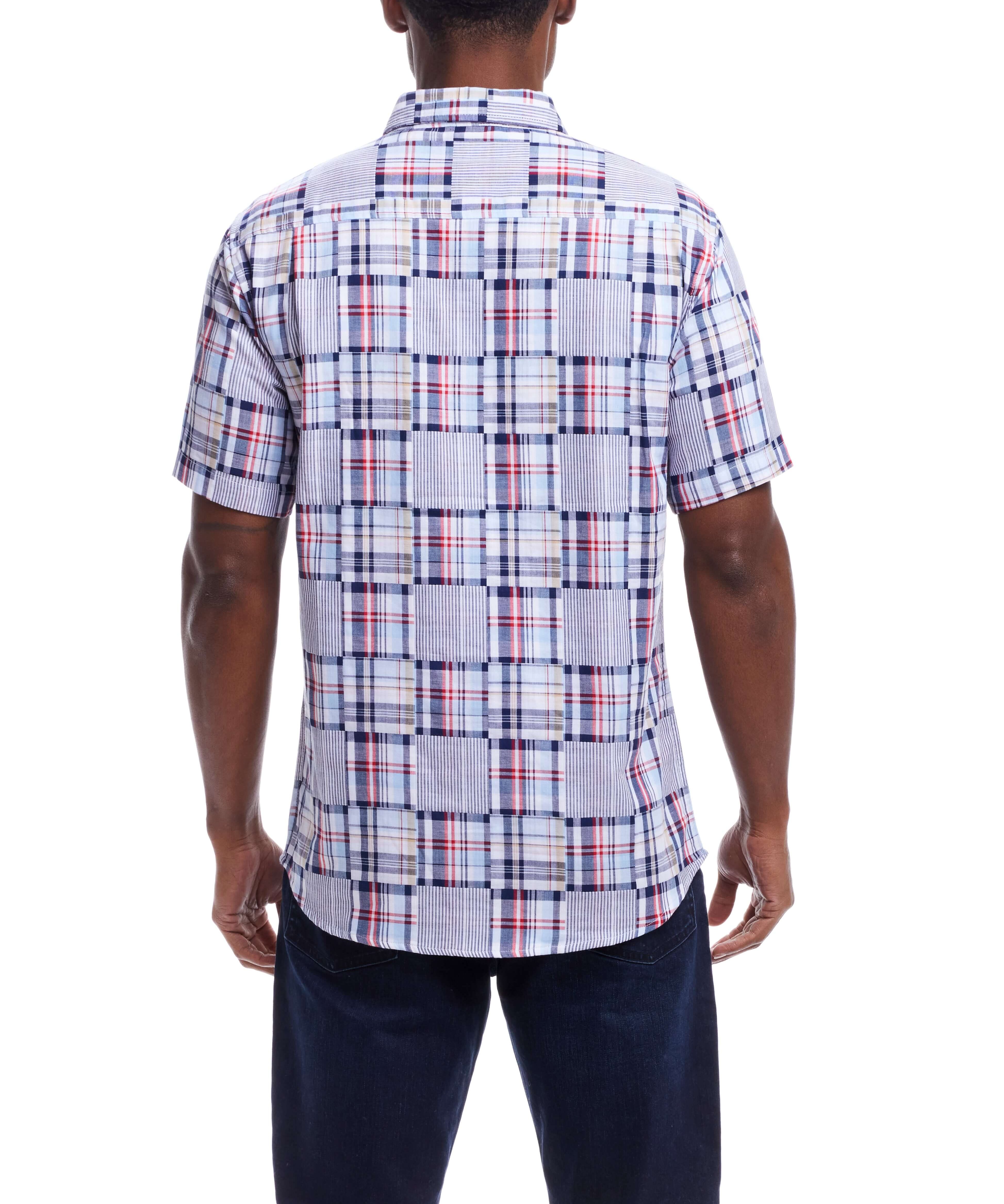 Short Sleeve Cotton Patchwork Shirt In Icelandic Blue back view showcasing unique patchwork design.