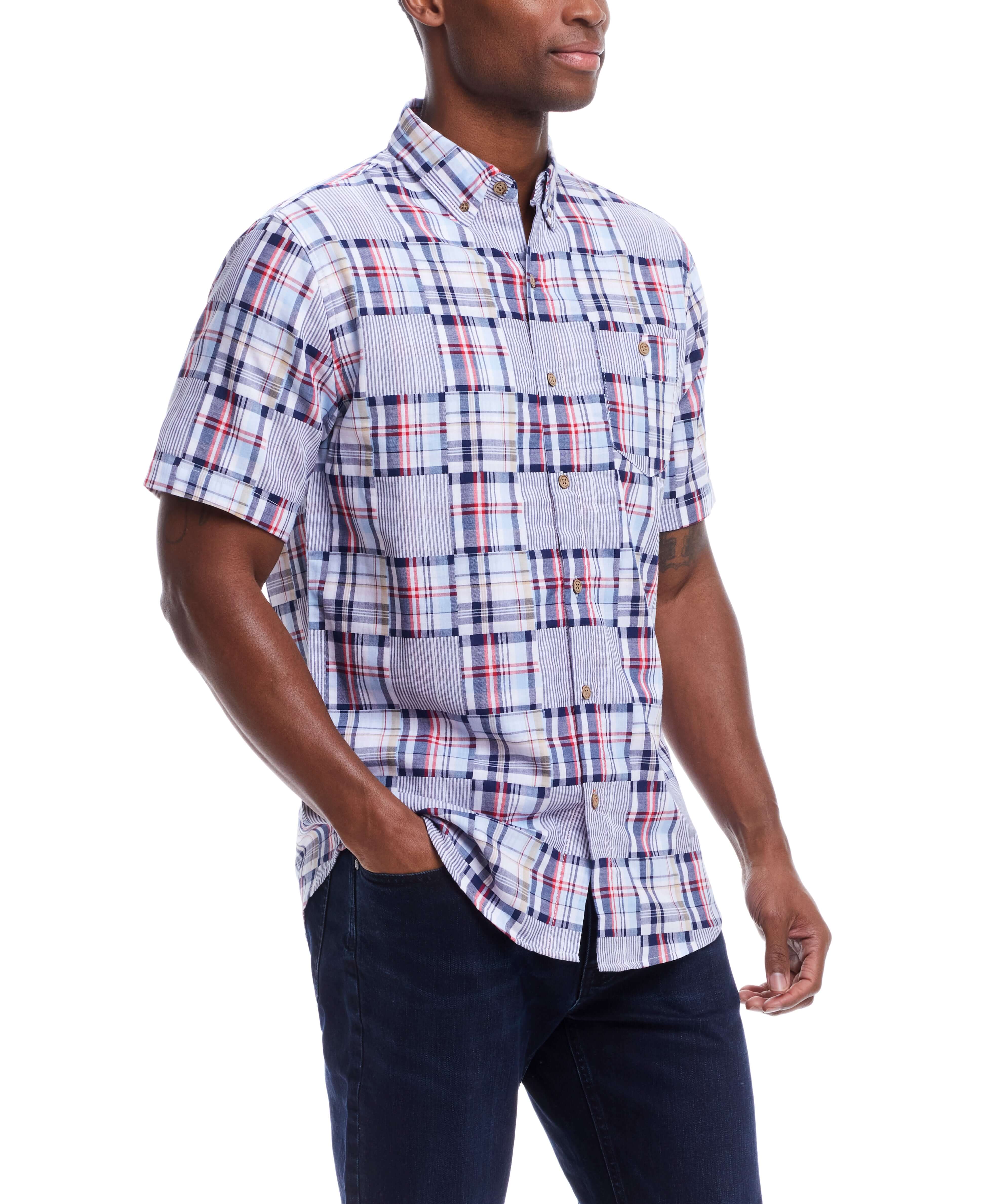 Short Sleeve Cotton Patchwork Shirt In Icelandic Blue worn by model, featuring unique red white and blue patchwork design.