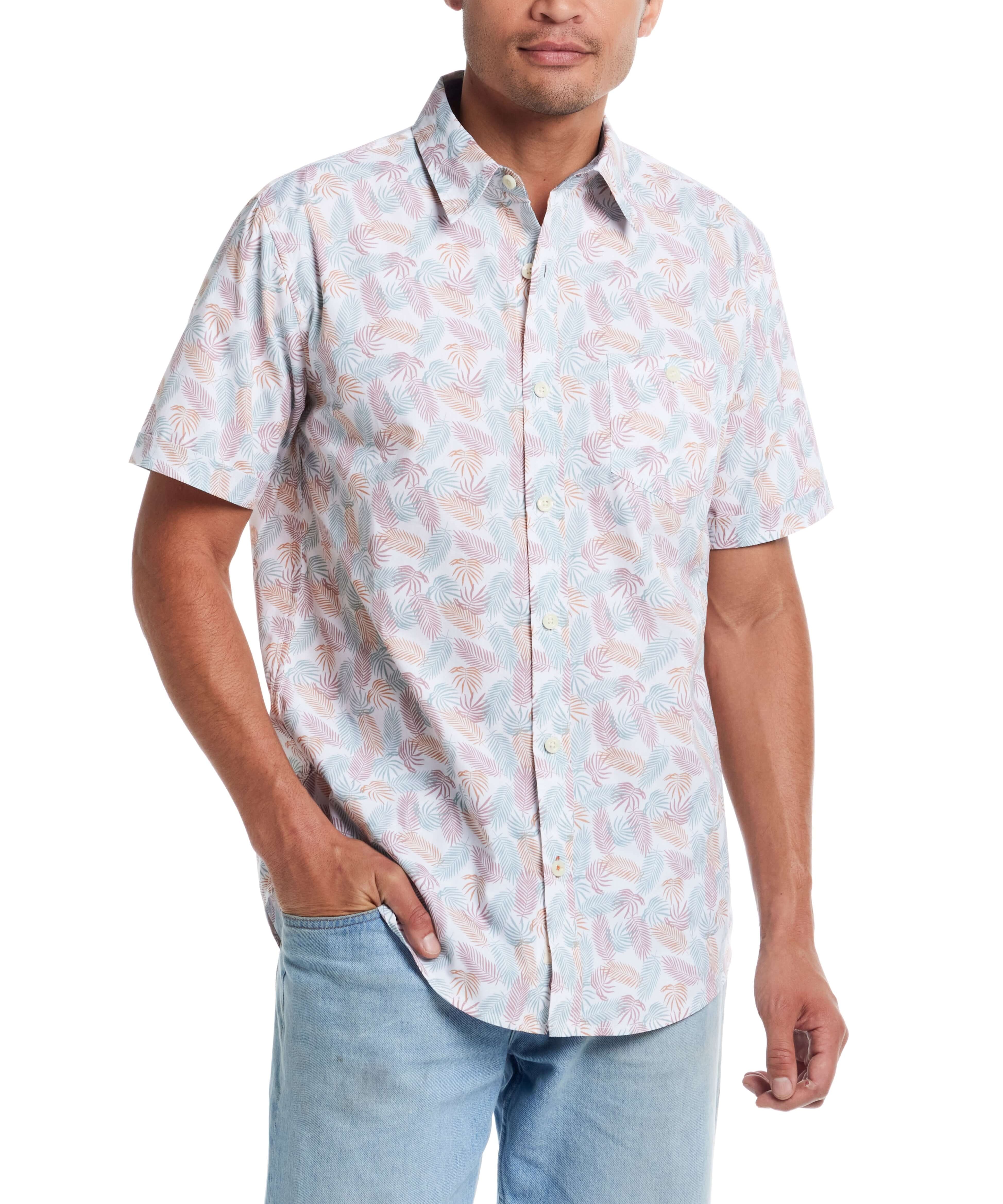 Short sleeve cotton poplin shirt in lavender leaf, featuring classic fit and button-down details.