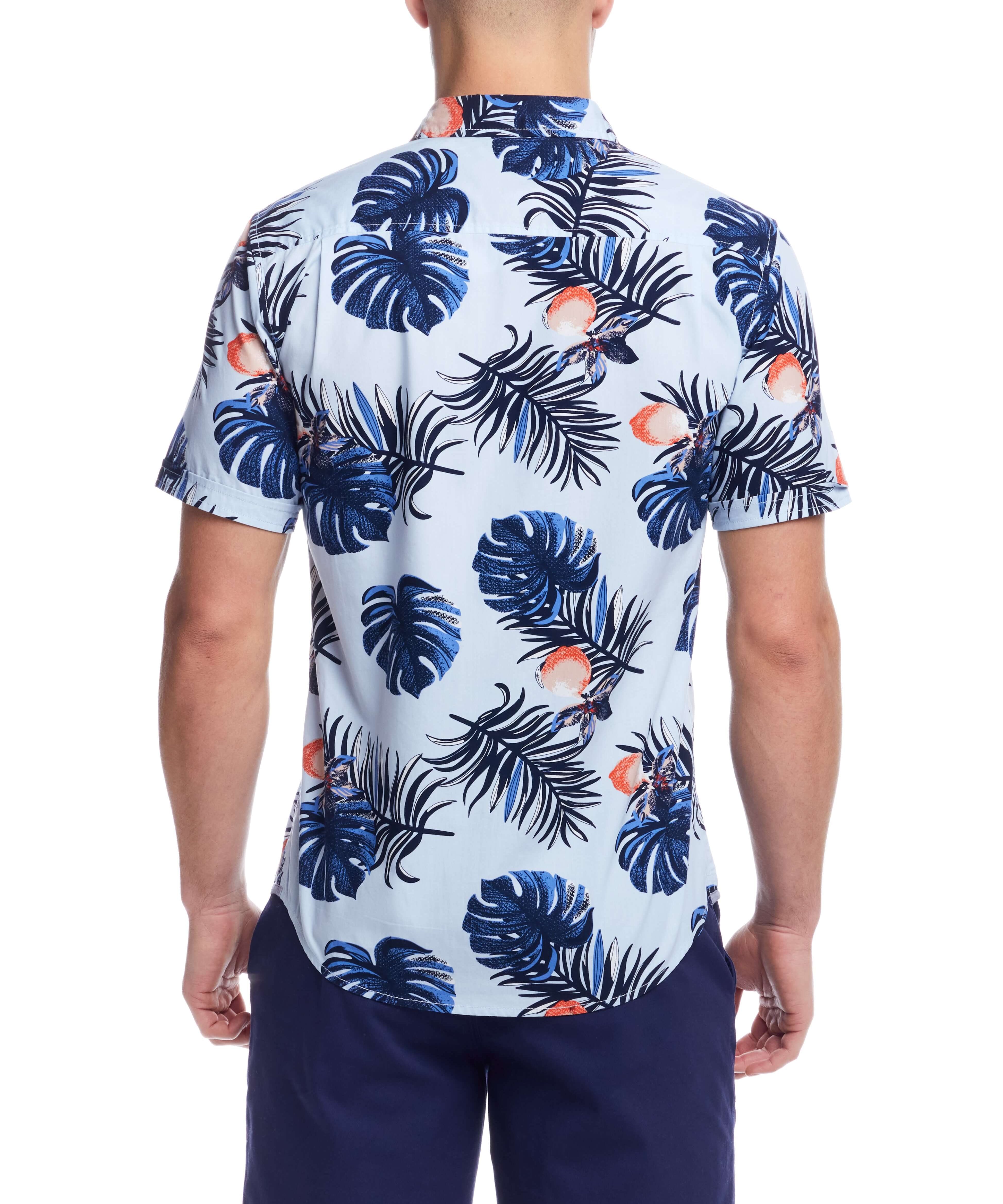 Back view of short sleeve shirt in tropical print featuring blue leaves and coral accents, showcasing a classic fit.