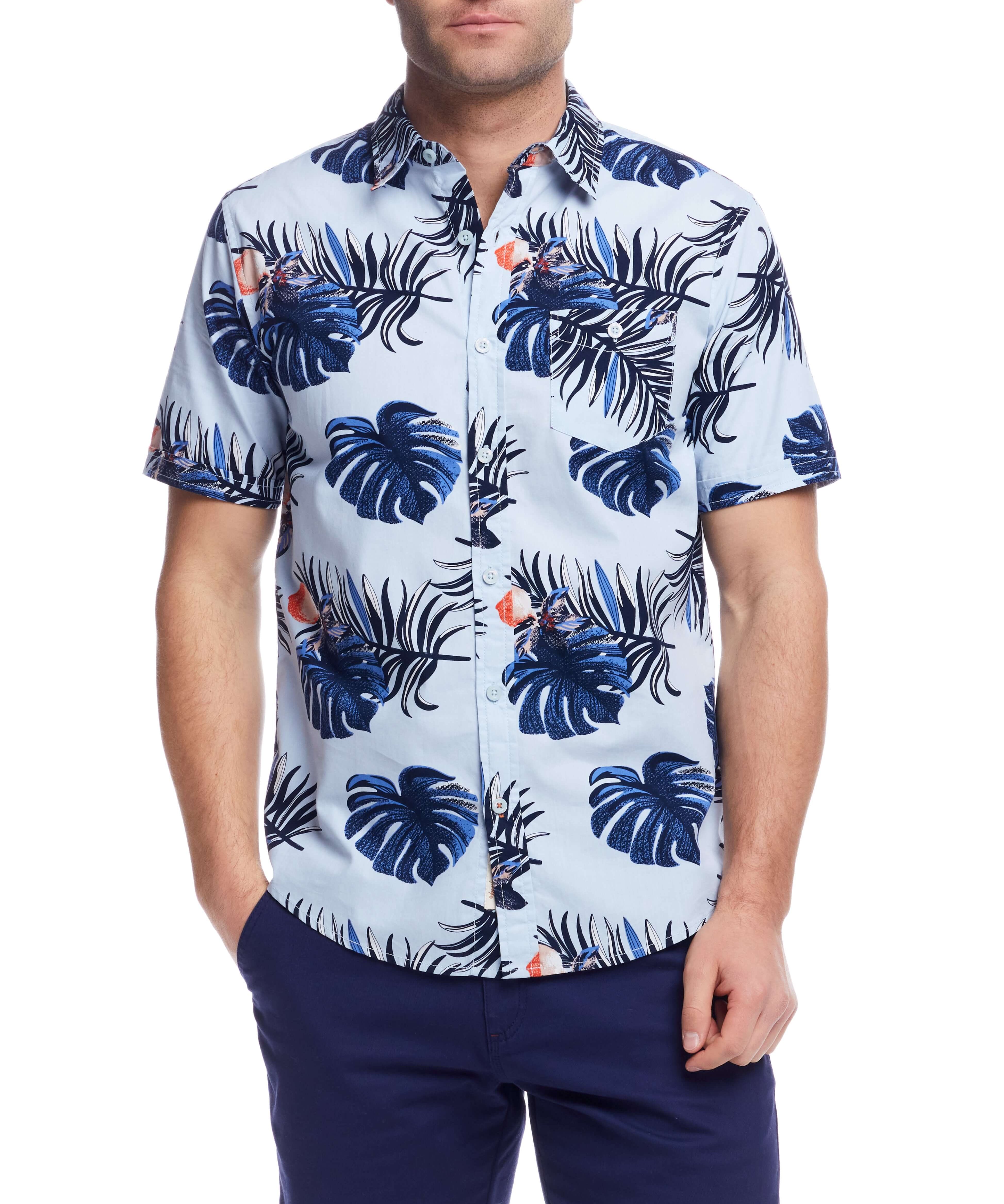 Men's short sleeve tropical shirt featuring a blue palm leaf print, perfect for casual summer outings.