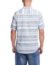 Back view of a man wearing a short sleeve striped twill shirt in soft fabric, showcasing its relaxed fit and classic style.