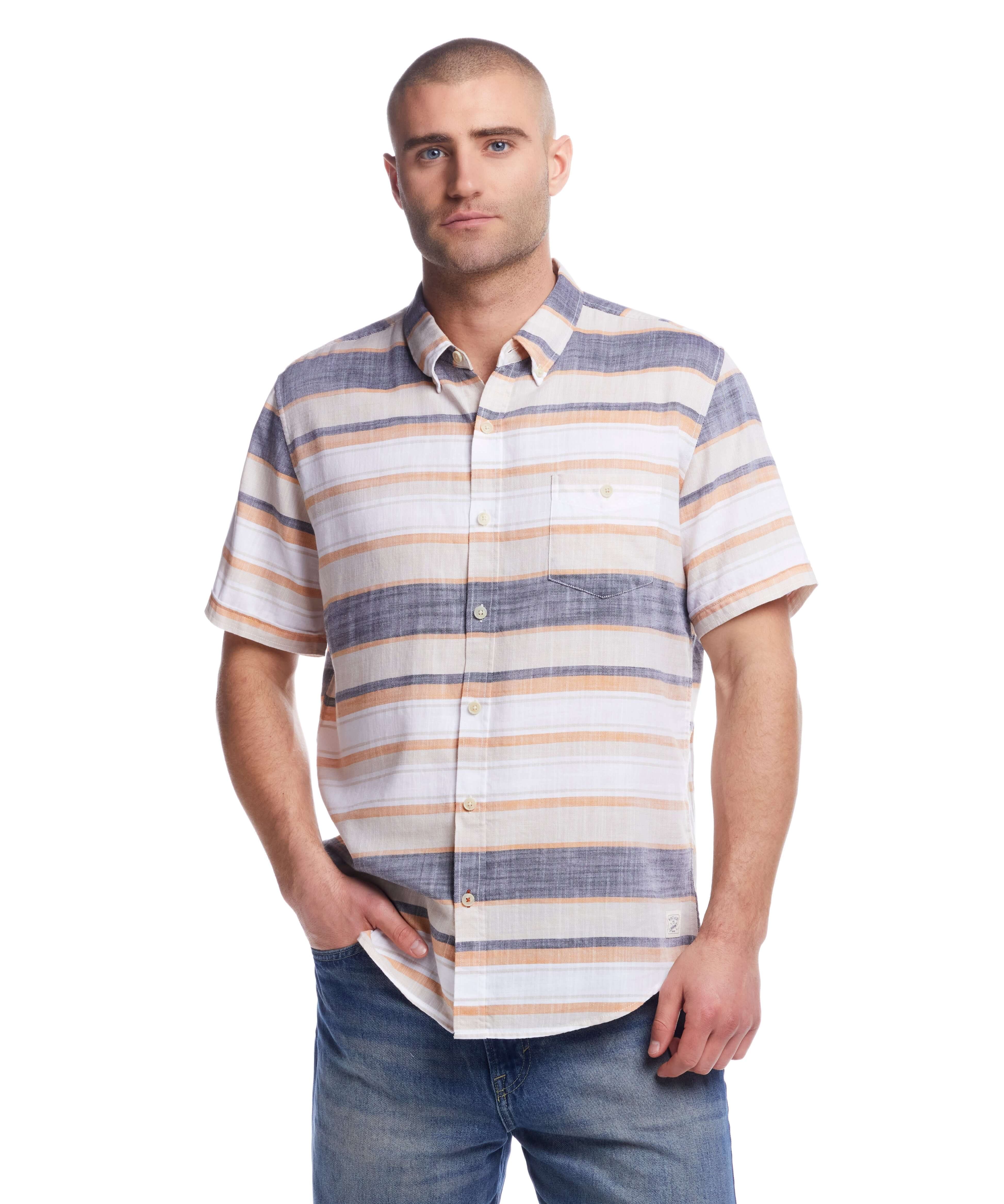 Short Sleeve Country Twill Stripe Shirt in Wheat on model with classic fit, soft cotton fabric, and cuffed sleeves.