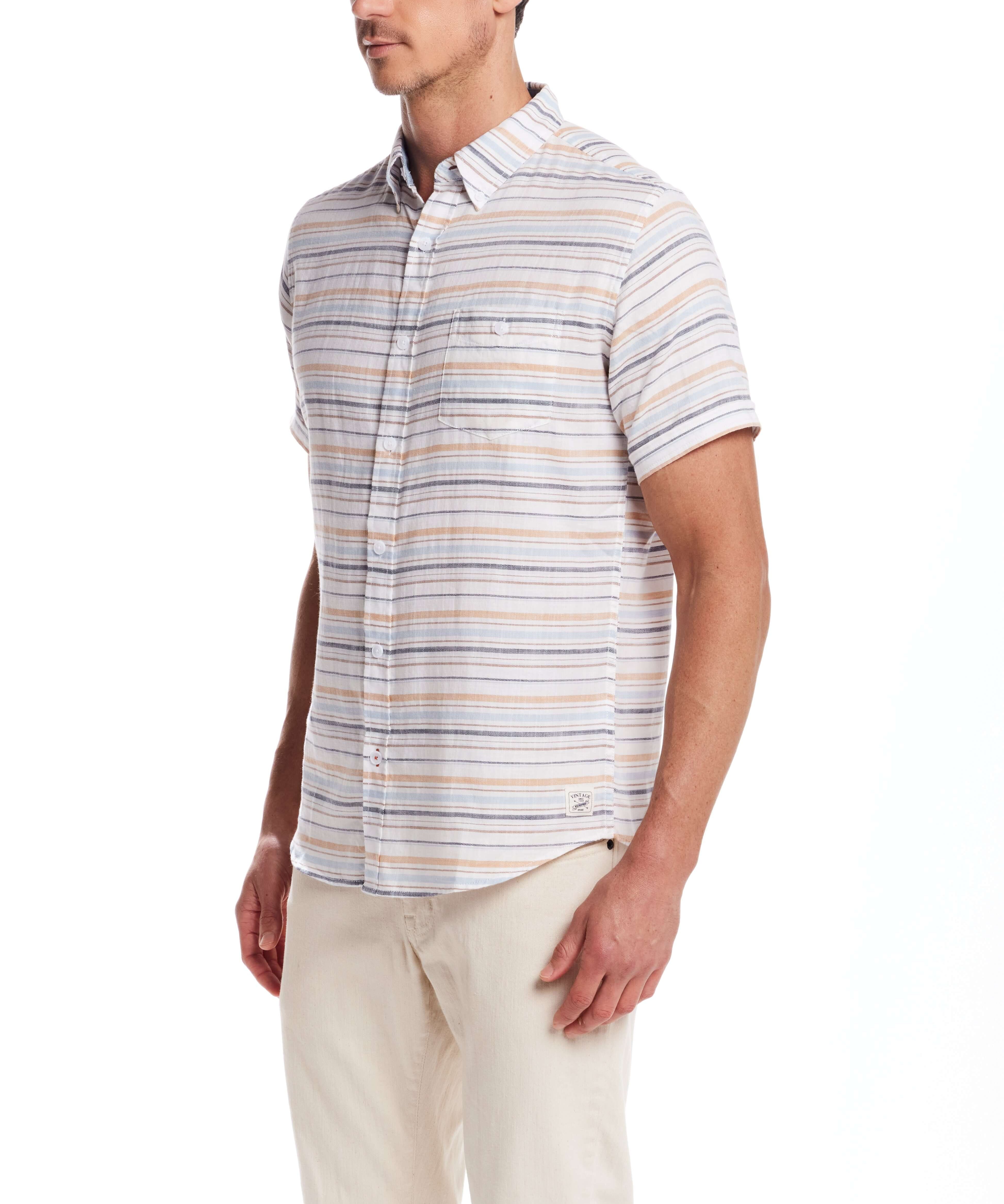Short sleeve twill stripe shirt in white sand, featuring a classic fit and smooth cotton fabric, styled with cuffed sleeves.