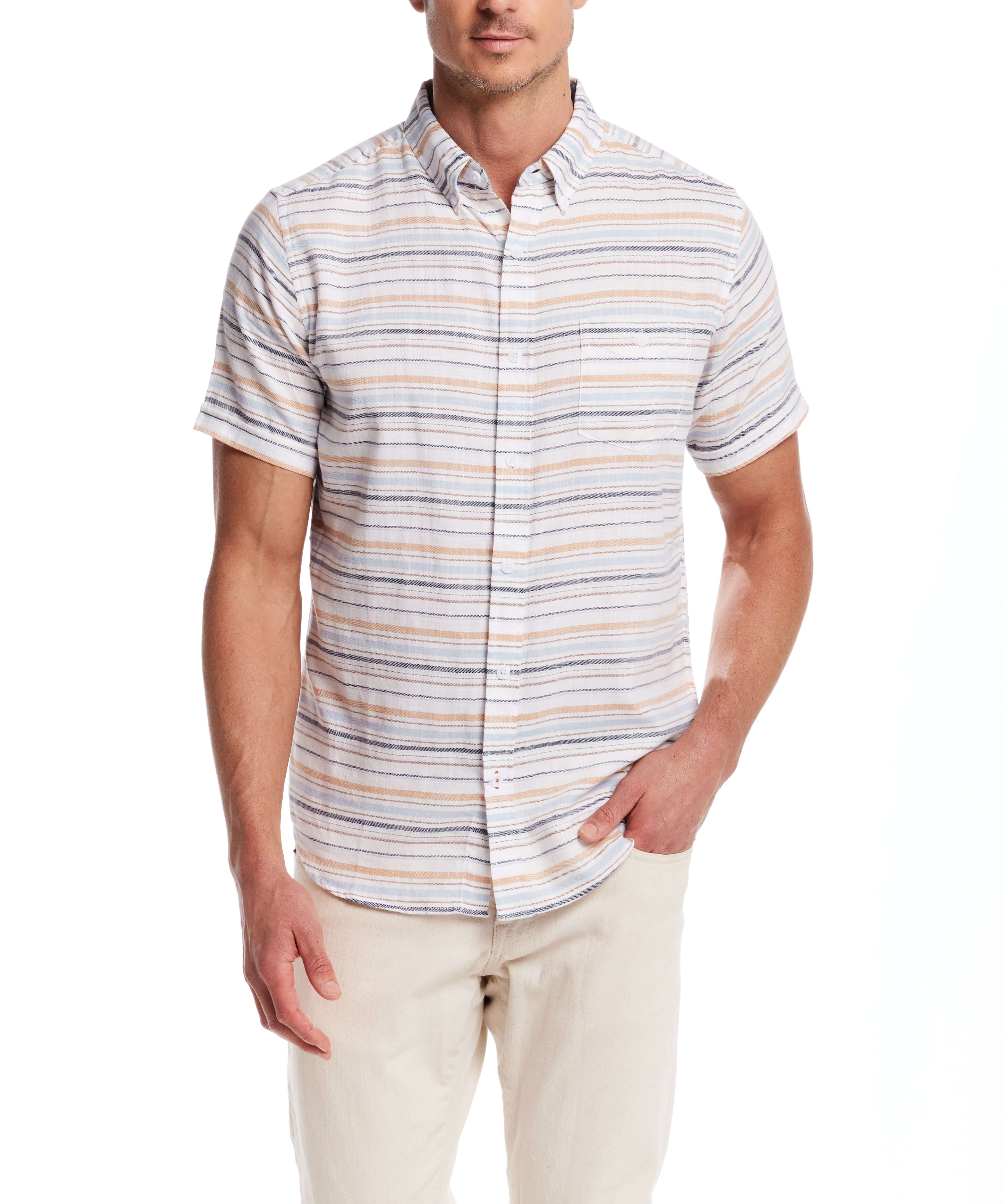 Short sleeve twill stripe shirt in white sand, featuring cuffed sleeves and a chest pocket, perfect for a stylish casual look.
