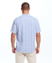 Back view of short sleeve faux linen cotton shirt in vista blue with vertical stripes, featuring a button-down collar.