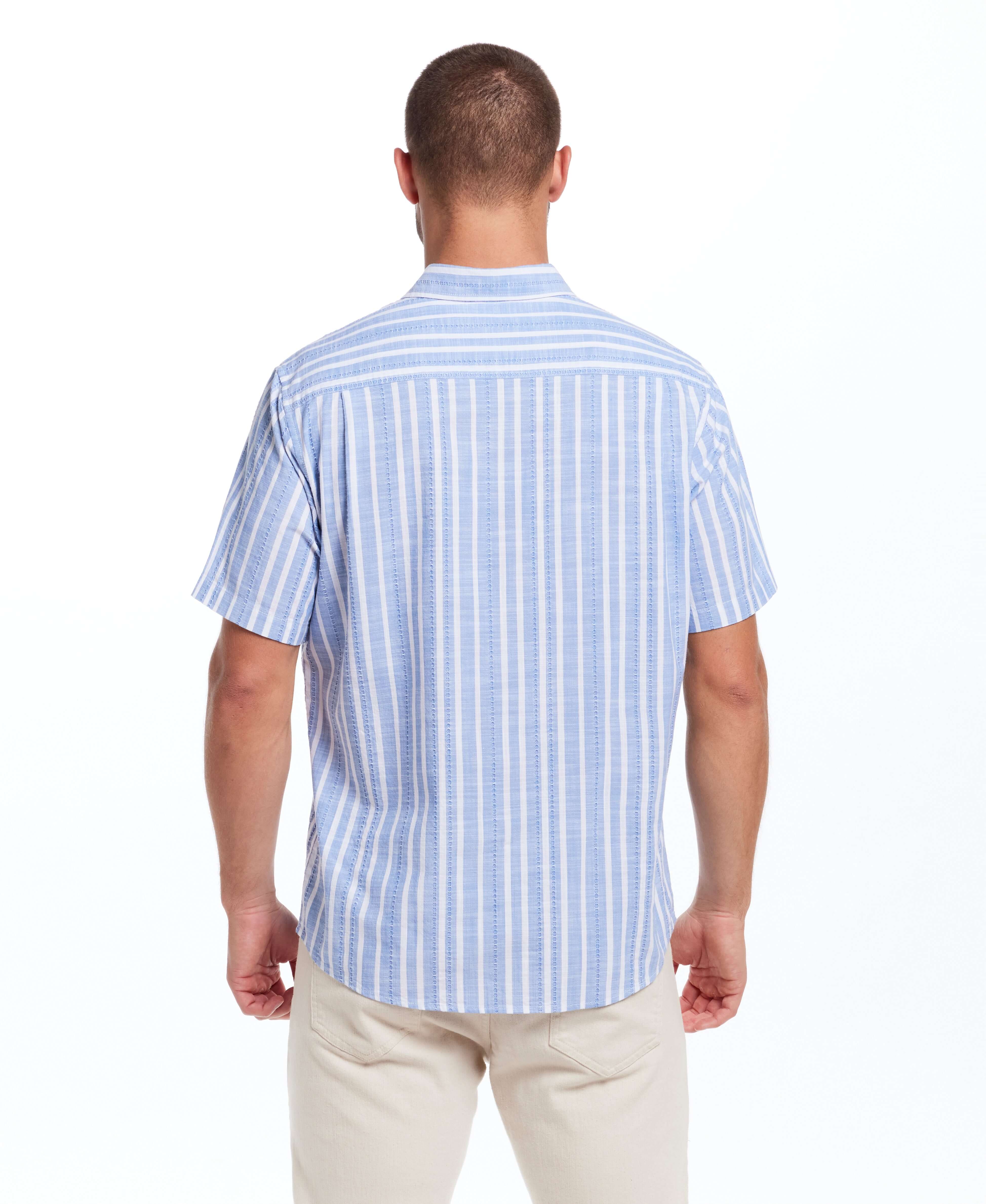 Back view of short sleeve faux linen cotton shirt in vista blue with vertical stripes, featuring a button-down collar.