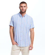 Man in a short sleeve faux linen cotton shirt in Vista Blue, featuring a button-down collar and chest pocket.