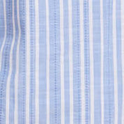 Close-up of a fabric featuring soft faux linen texture with blue and white stripes, perfect for casual wear.