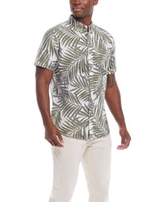 Short sleeve floral shirt in lichen green, featuring a relaxed fit and made from breathable linen cotton fabric.