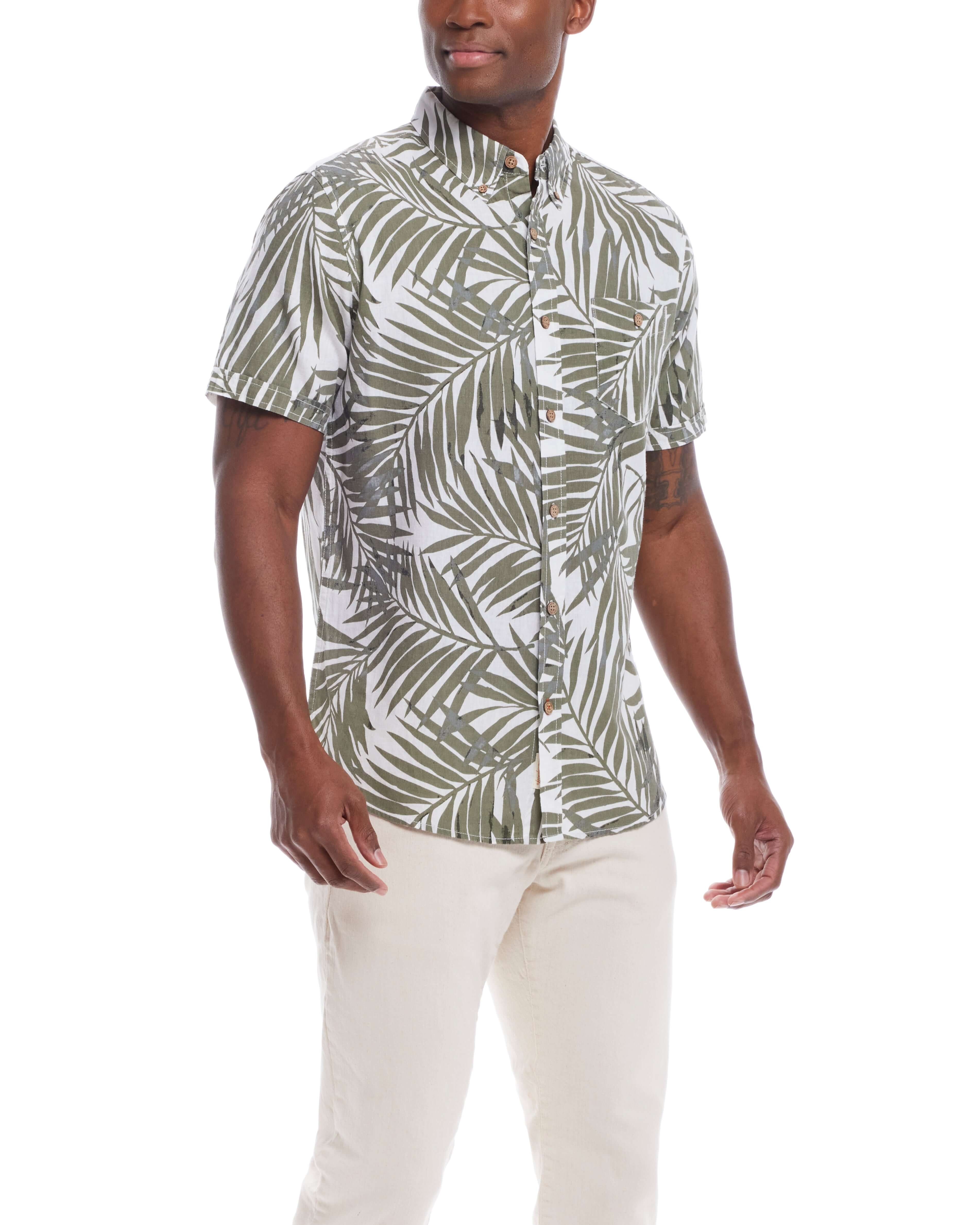 Short sleeve floral shirt in lichen green, featuring a relaxed fit and made from breathable linen cotton fabric.