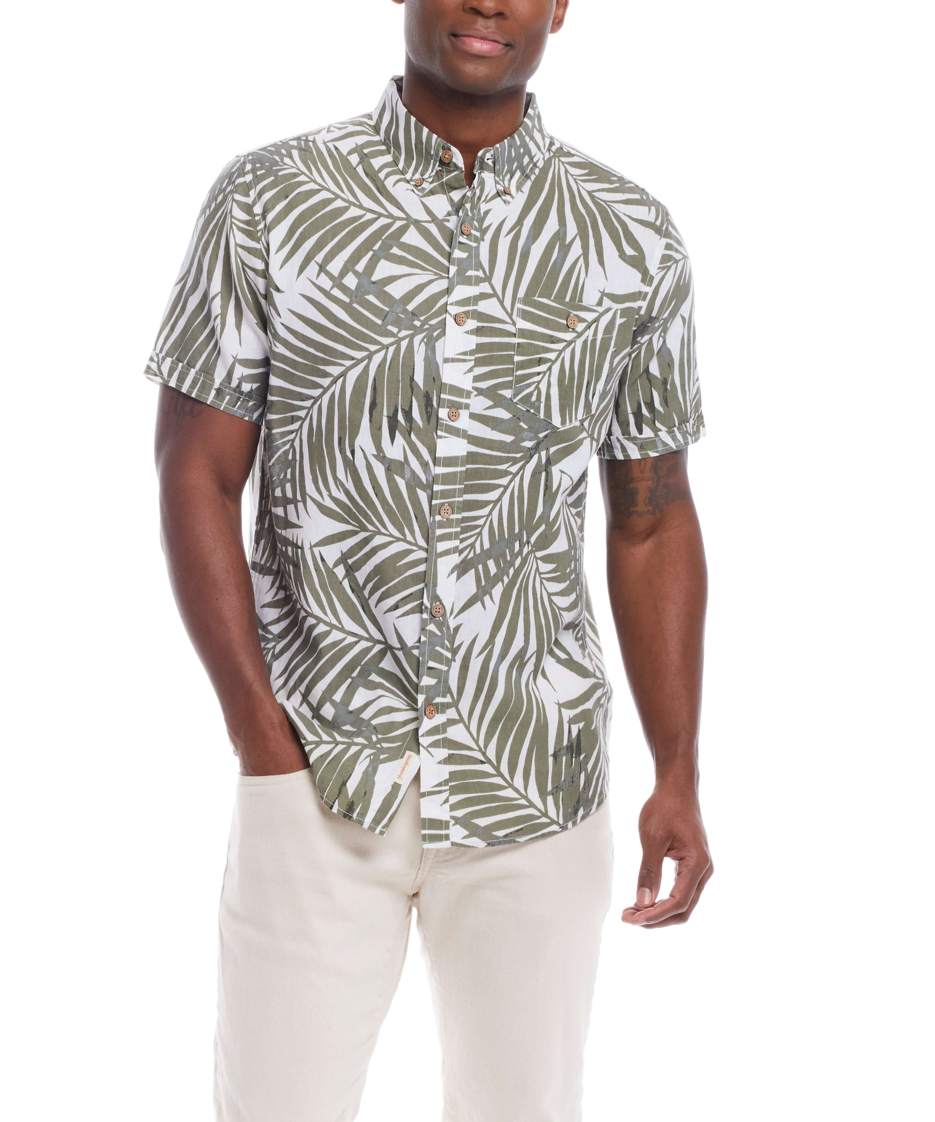 Short sleeve floral shirt in lichen green, featuring a relaxed fit and breezy linen cotton fabric.