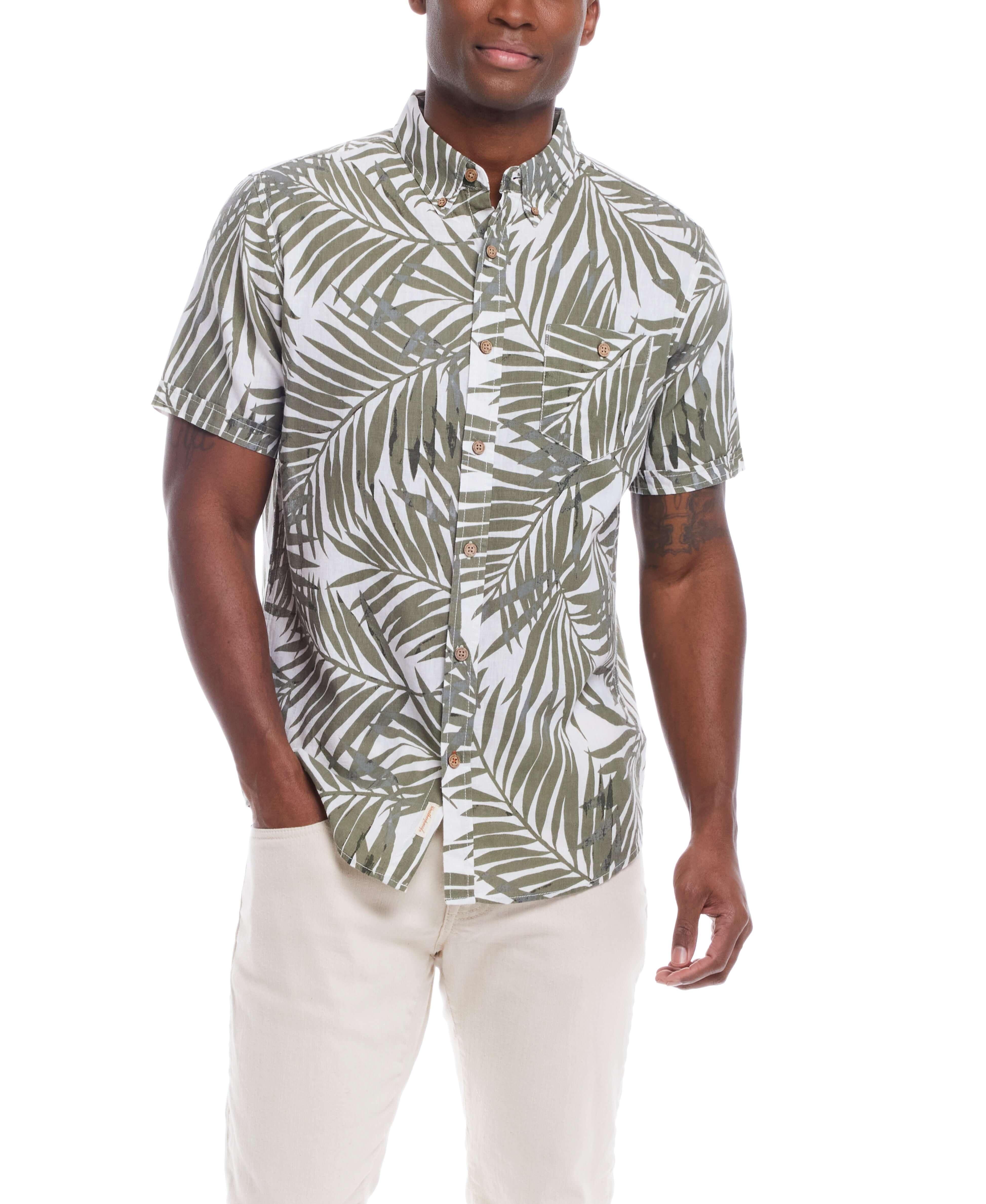 Short sleeve floral shirt in lichen green, featuring a relaxed fit and breezy linen cotton fabric.