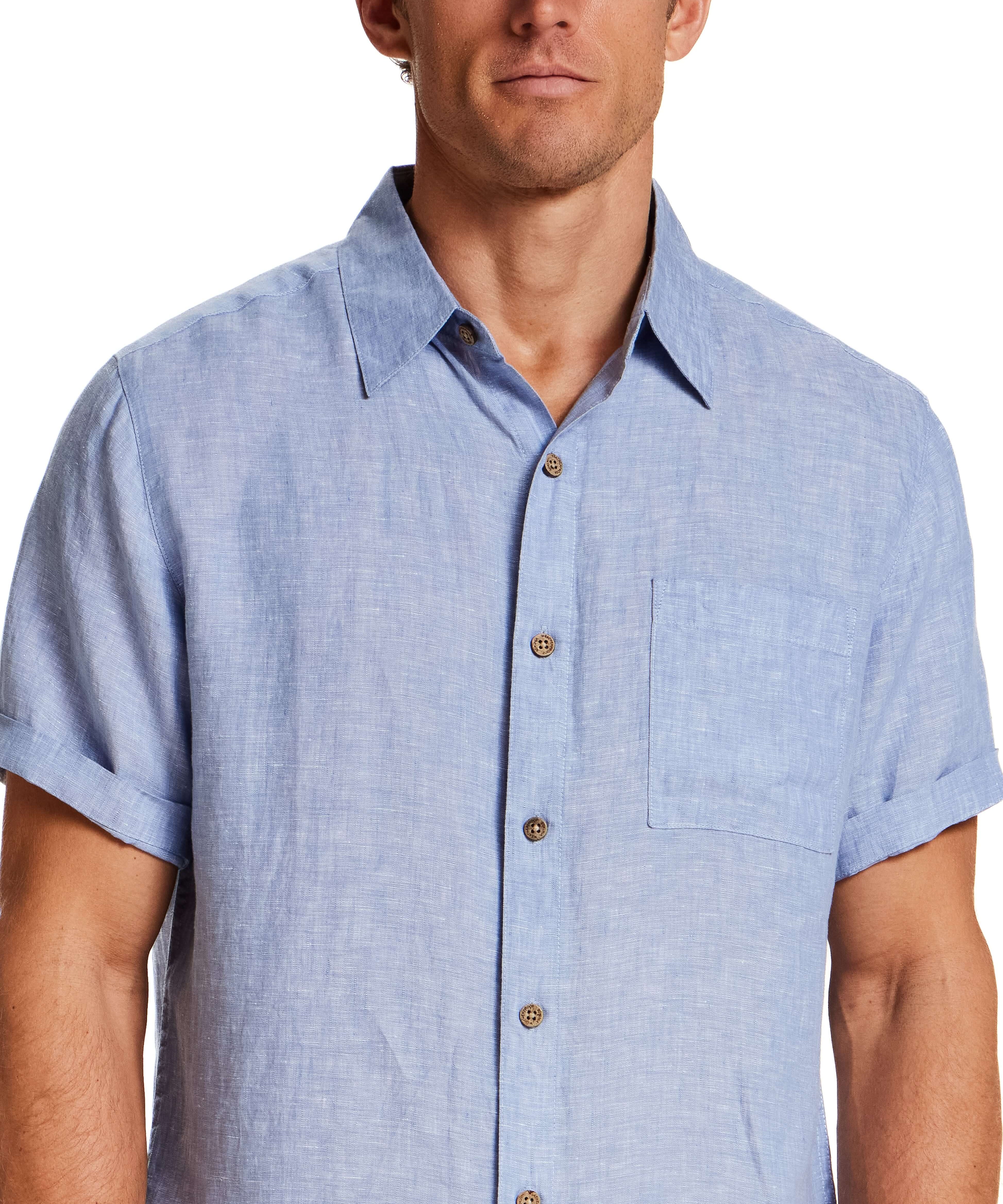 Short Sleeve Linen Shirt in Infinity Blue displayed on a model showcasing its spread collar and chest pocket.