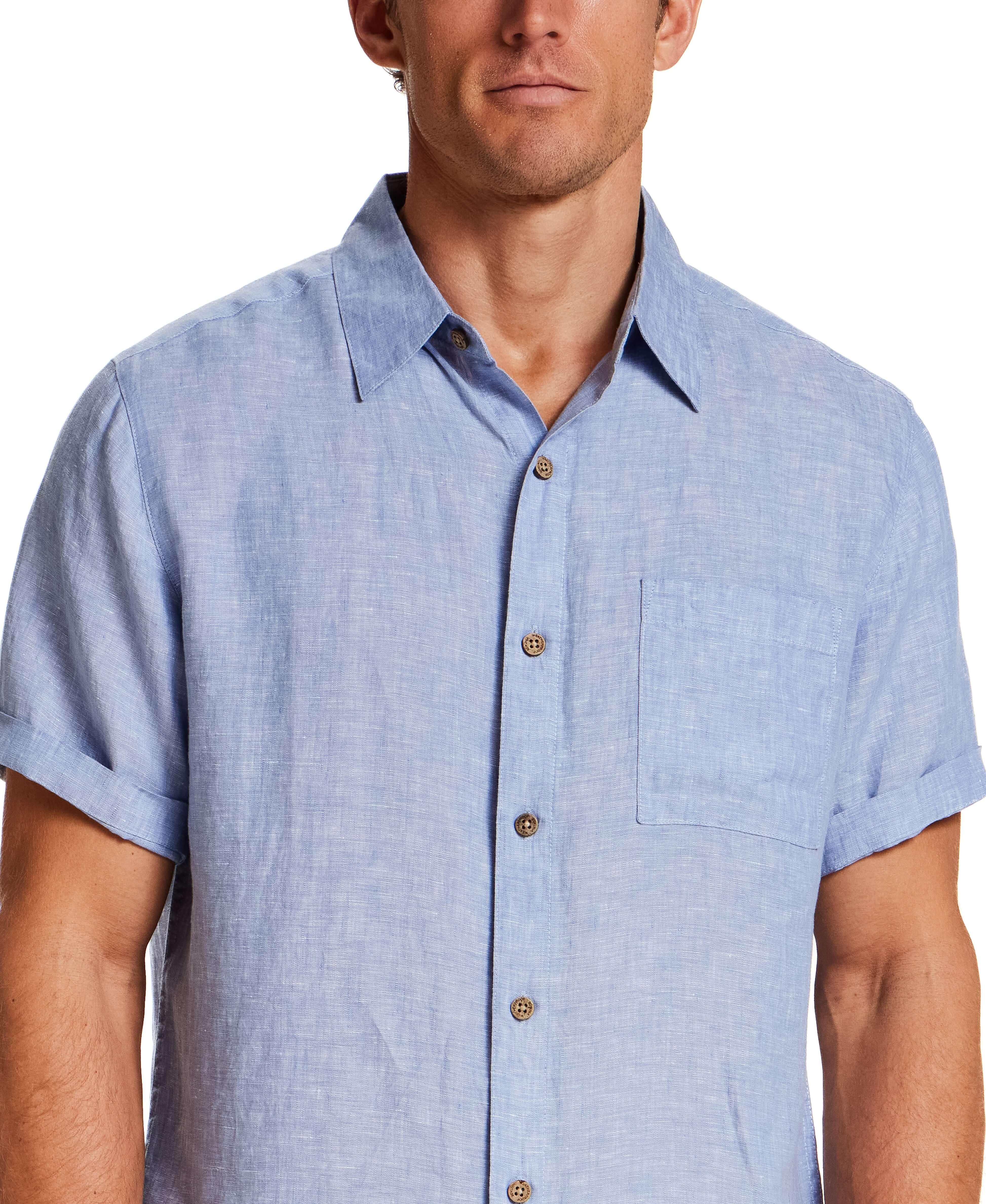 Short Sleeve Linen Shirt in Infinity Blue displayed on a model showcasing its spread collar and chest pocket.